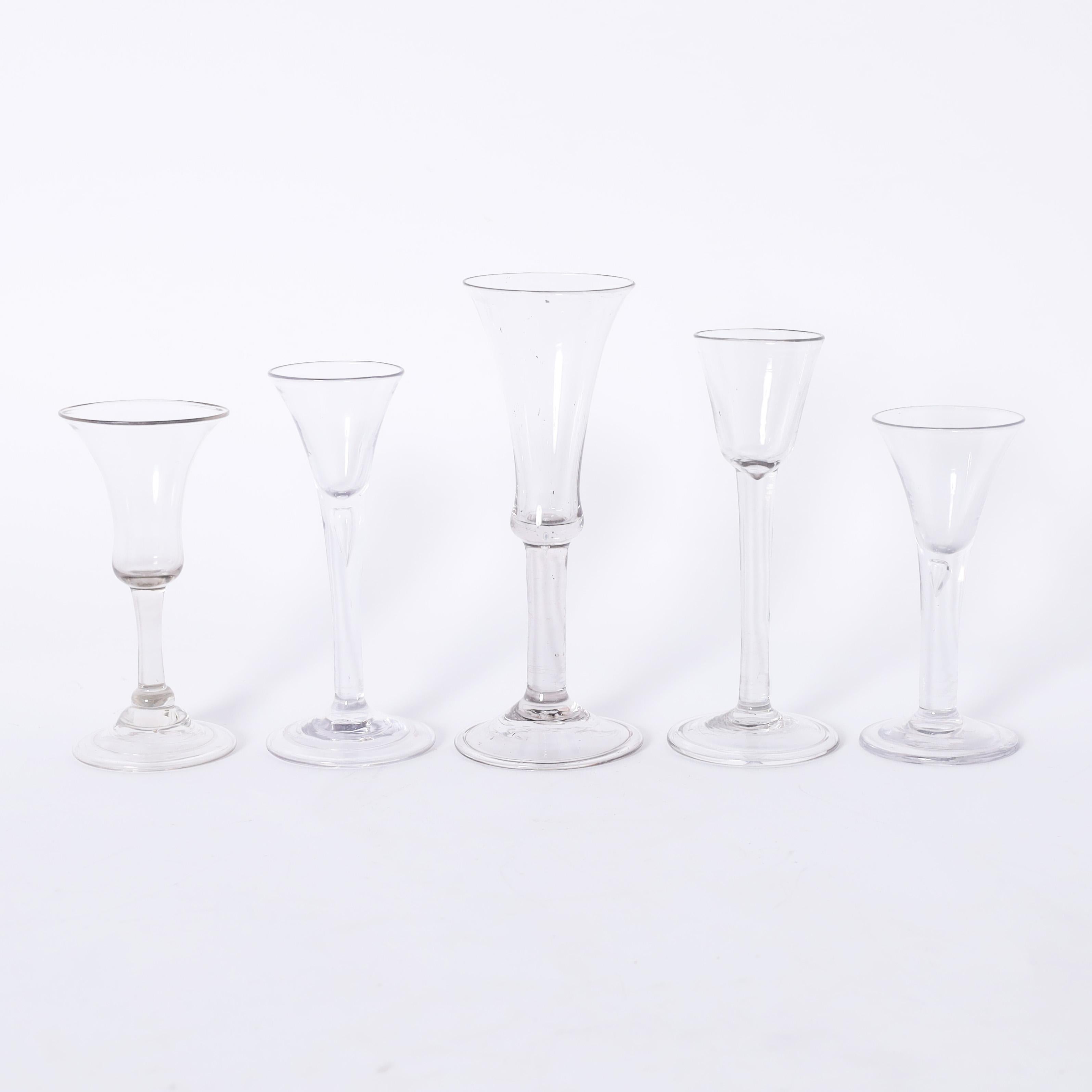 Georgian Set of Five Antique English Folded Foot Wine or Liquor Stem Glasses For Sale