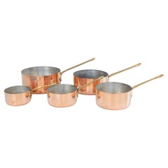 Set of Five Antique French Copper & Brass Pots Sauce Pans