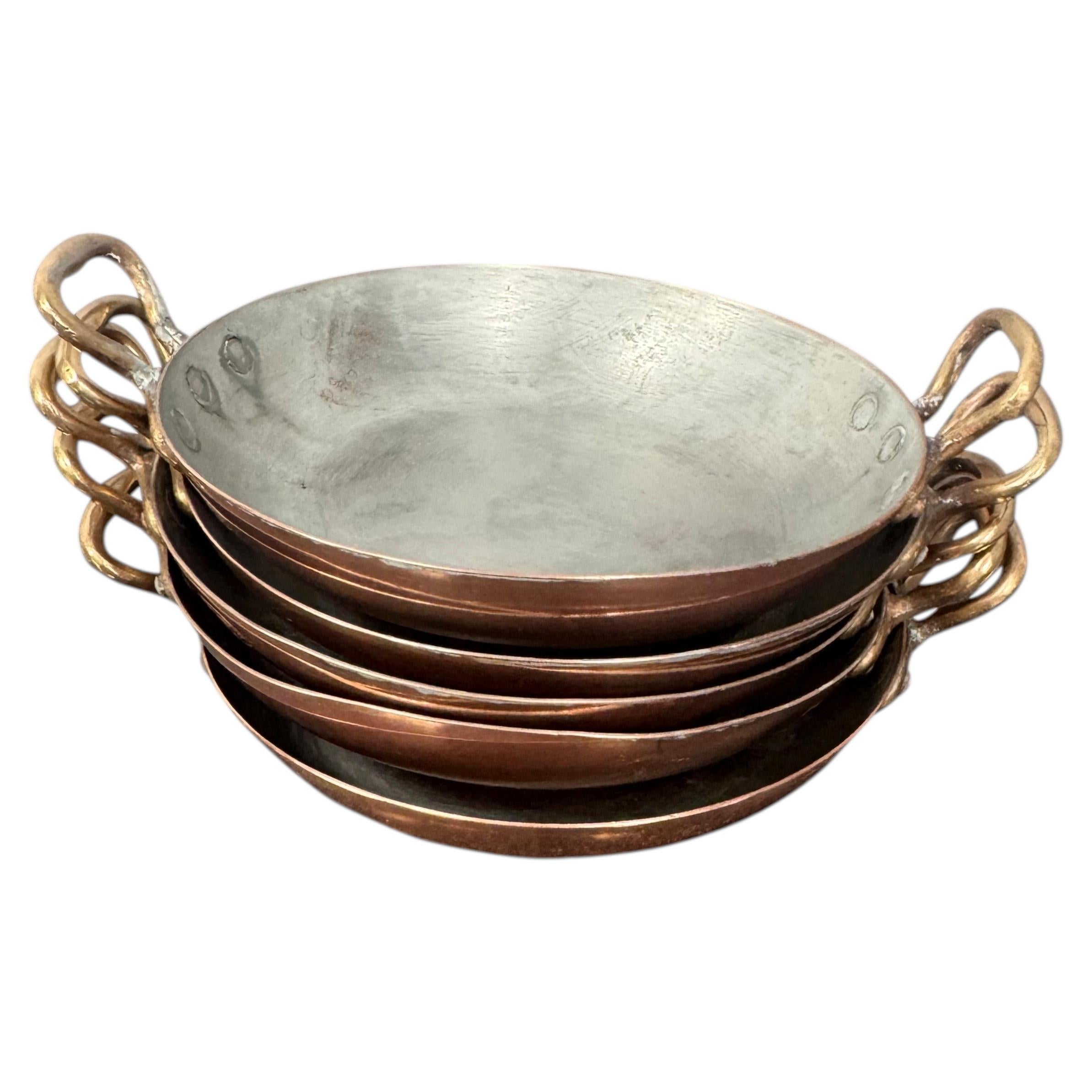 Set of Five Antique French Copper Gratin Dishes with Tin Lining and Brass Loop