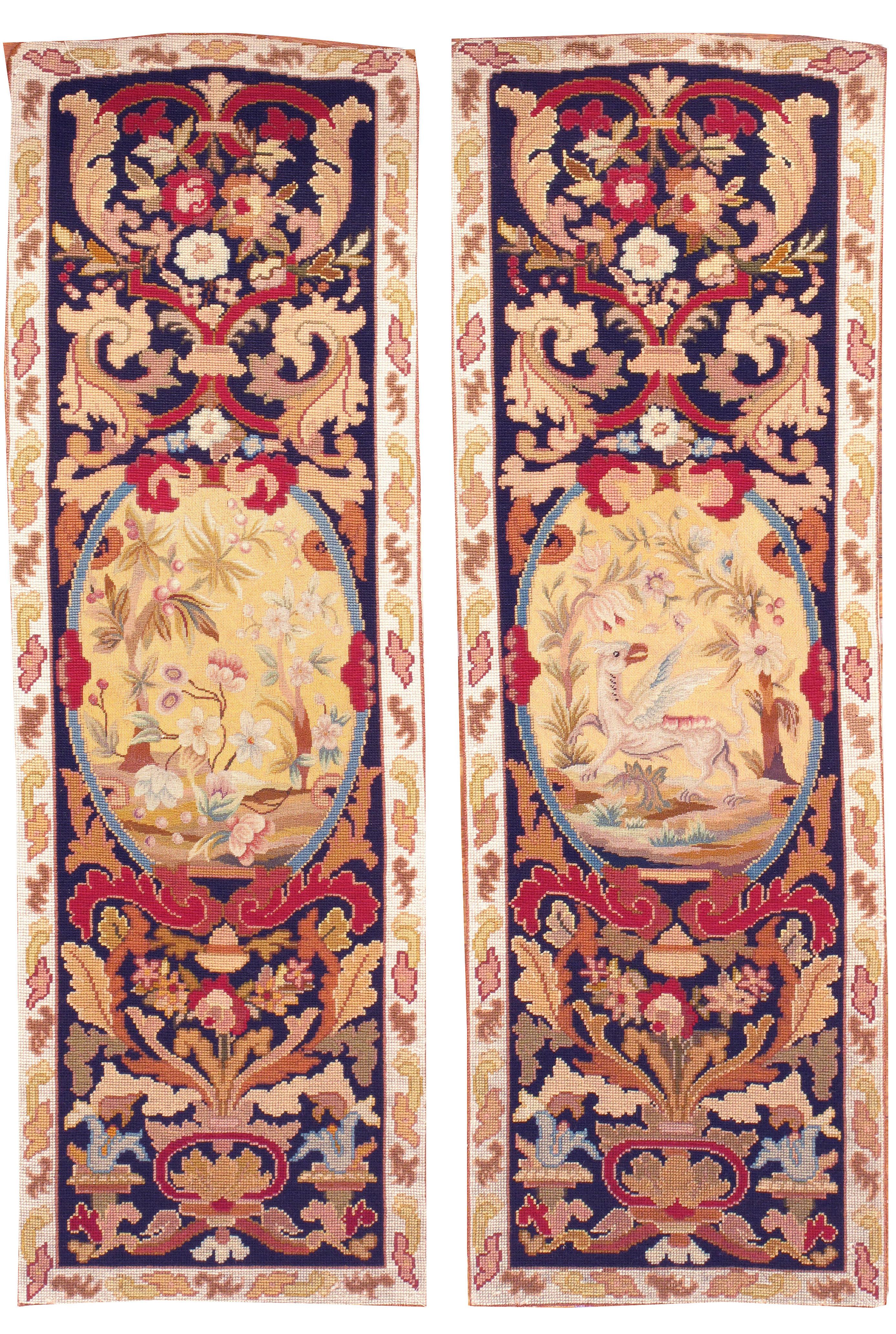 A set of five French needlepoint panels, circa 1880. Each panel has a different animal or floral them. Size: 1'3 x 3'10.
