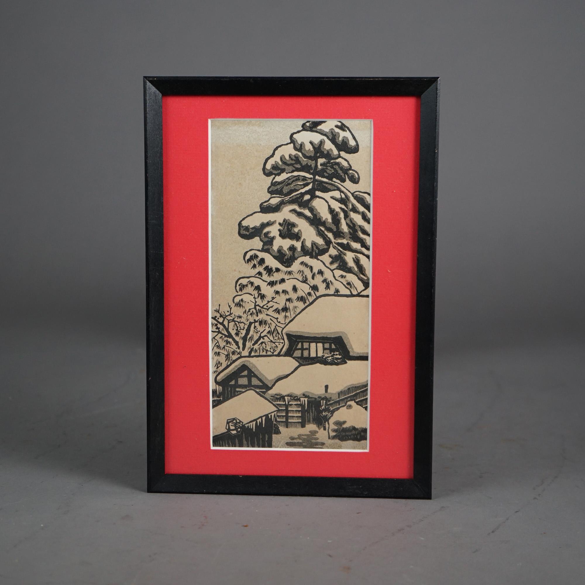 Ensemble de cinq gravures japonaises anciennes sur bois, encadrées, C1920 en vente 1