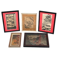 Set di cinque antiche stampe giapponesi su legno, incorniciate, C1920