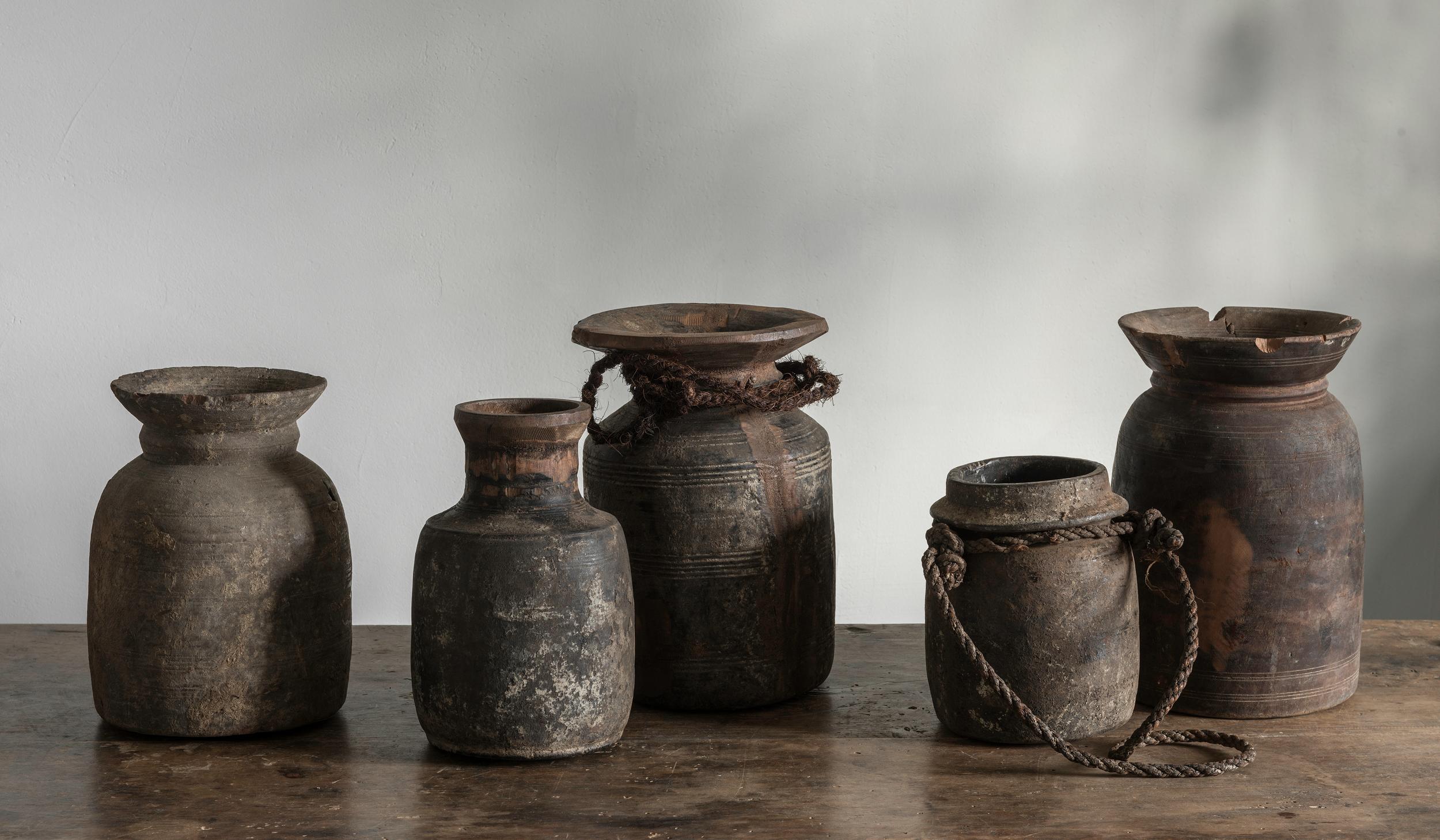 A great group of antique wooden pots, at least late 19th century. Whilst they look very similar to Tibetian Yak containers, we prefer to offer them as Belgian, since we found them in Belgium.