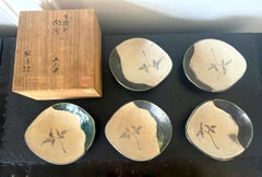 Set of Five Antique Ao-Oribe Ceramic Dishes with Tomobako Edo Period