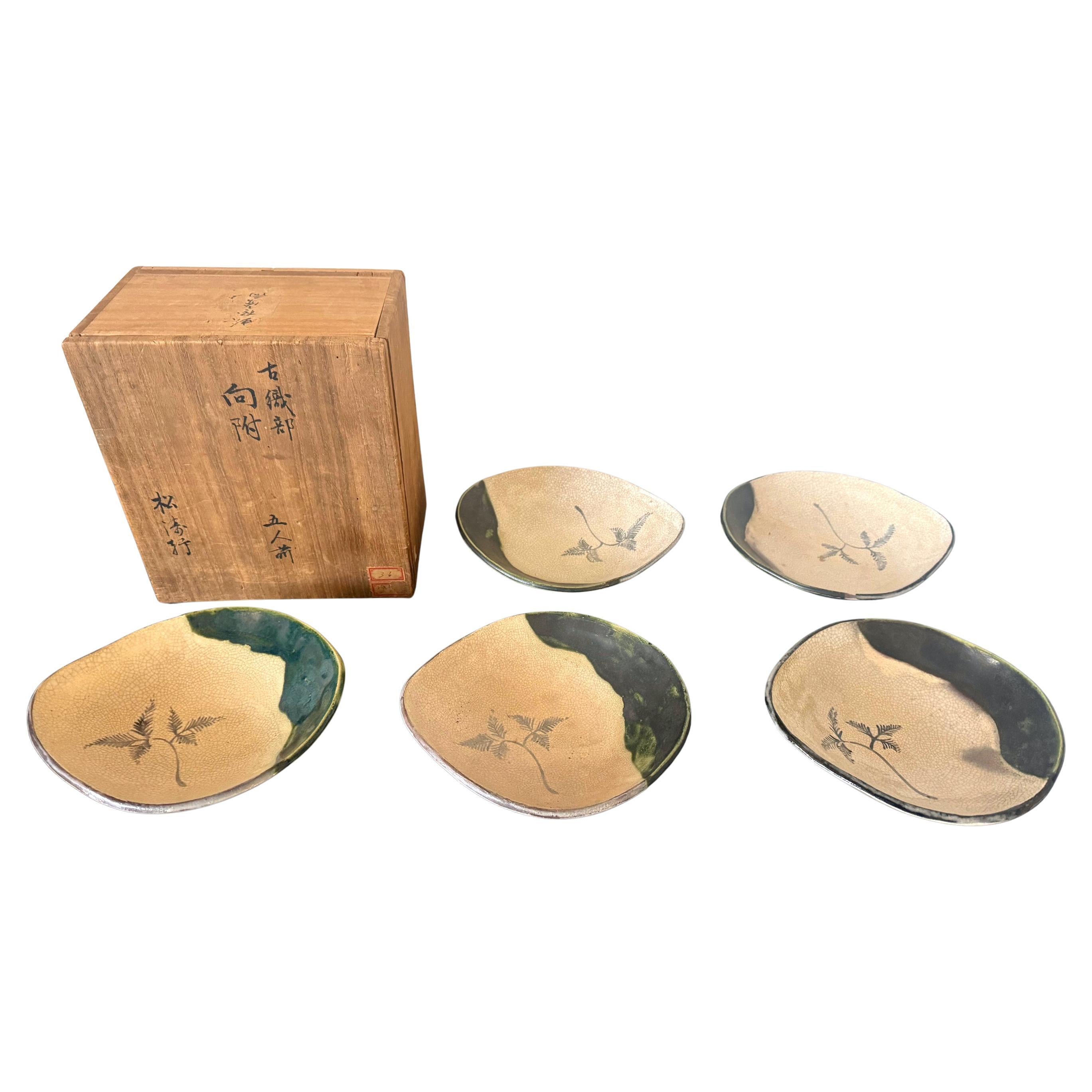 Set of Five Antique Ao-Oribe Ceramic Dishes with Tomobako Edo Period