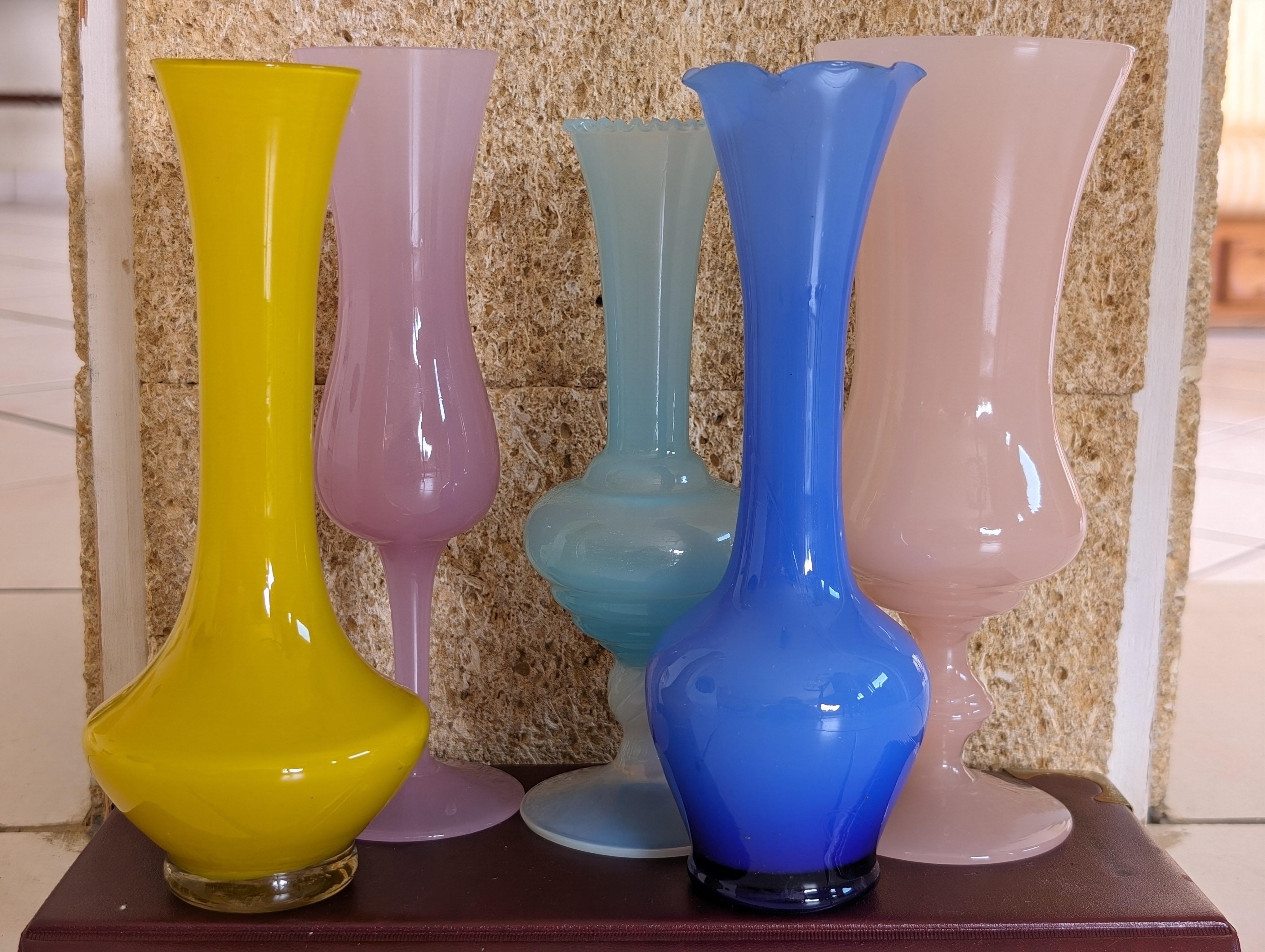 Ti presentiamo uno splendido set di cinque vasi opalini antichi della metà del XX secolo, questi pezzi squisiti incarnano un'eleganza e una maestria senza tempo. Ogni vaso mette in mostra la bellezza classica del vetro opalino, con la sua