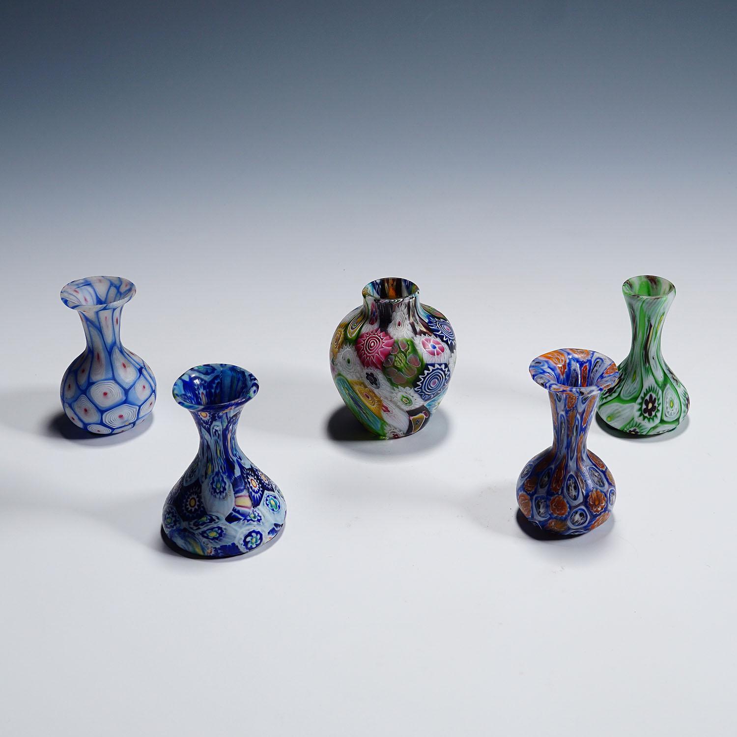 Mid-Century Modern Set of Five Antique Murrine Vases by Fratelli Toso, Murano For Sale