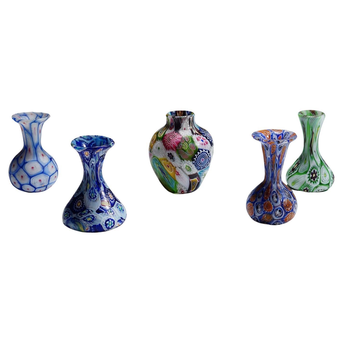 Satz von fünf antiken Murrine-Vasen von Fratelli Toso, Murano im Angebot