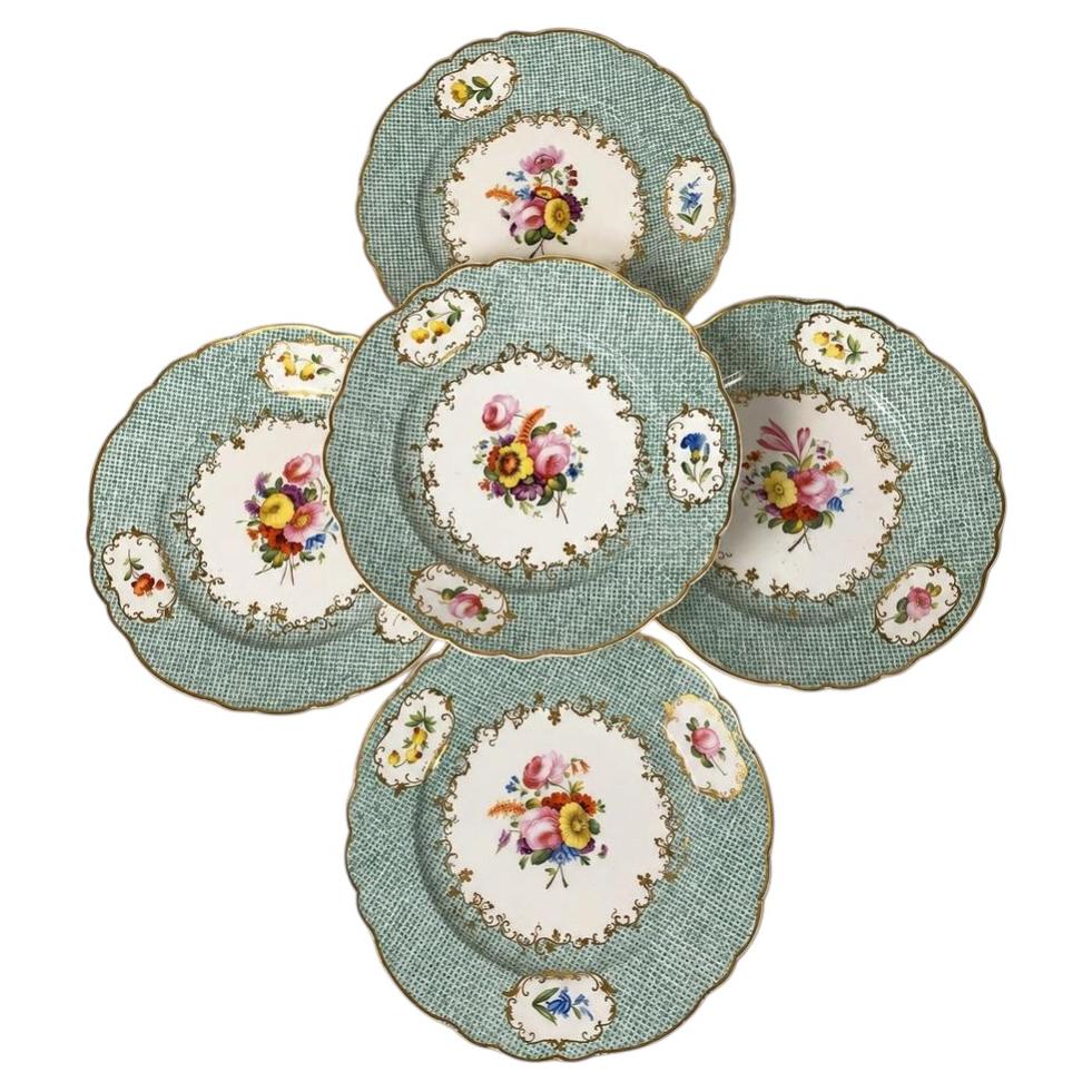 Juego de Cinco Vajillas Antiguas de Porcelana Pintadas a Mano, Inglaterra, Ca. 1830