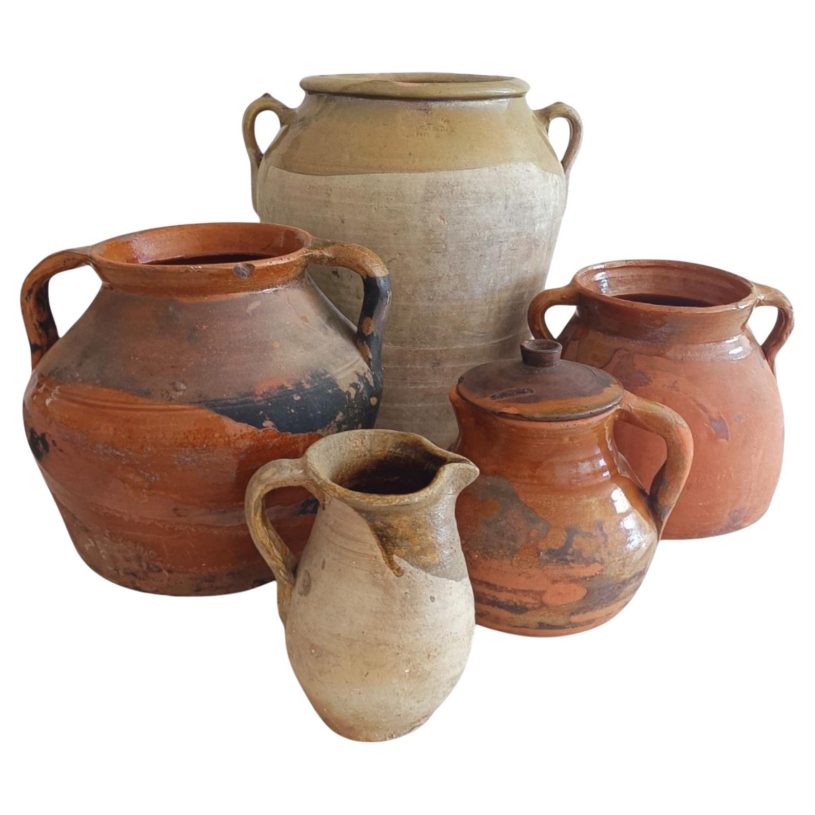 Antiguo Juego de 5 Piezas de Cerámica Rústica Española, Finales S. XIX-Principios S. XX