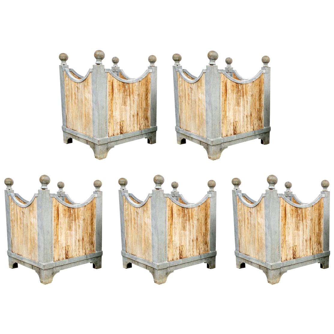 Set of Five Architectural Zinc Finish Frame Planter Bins