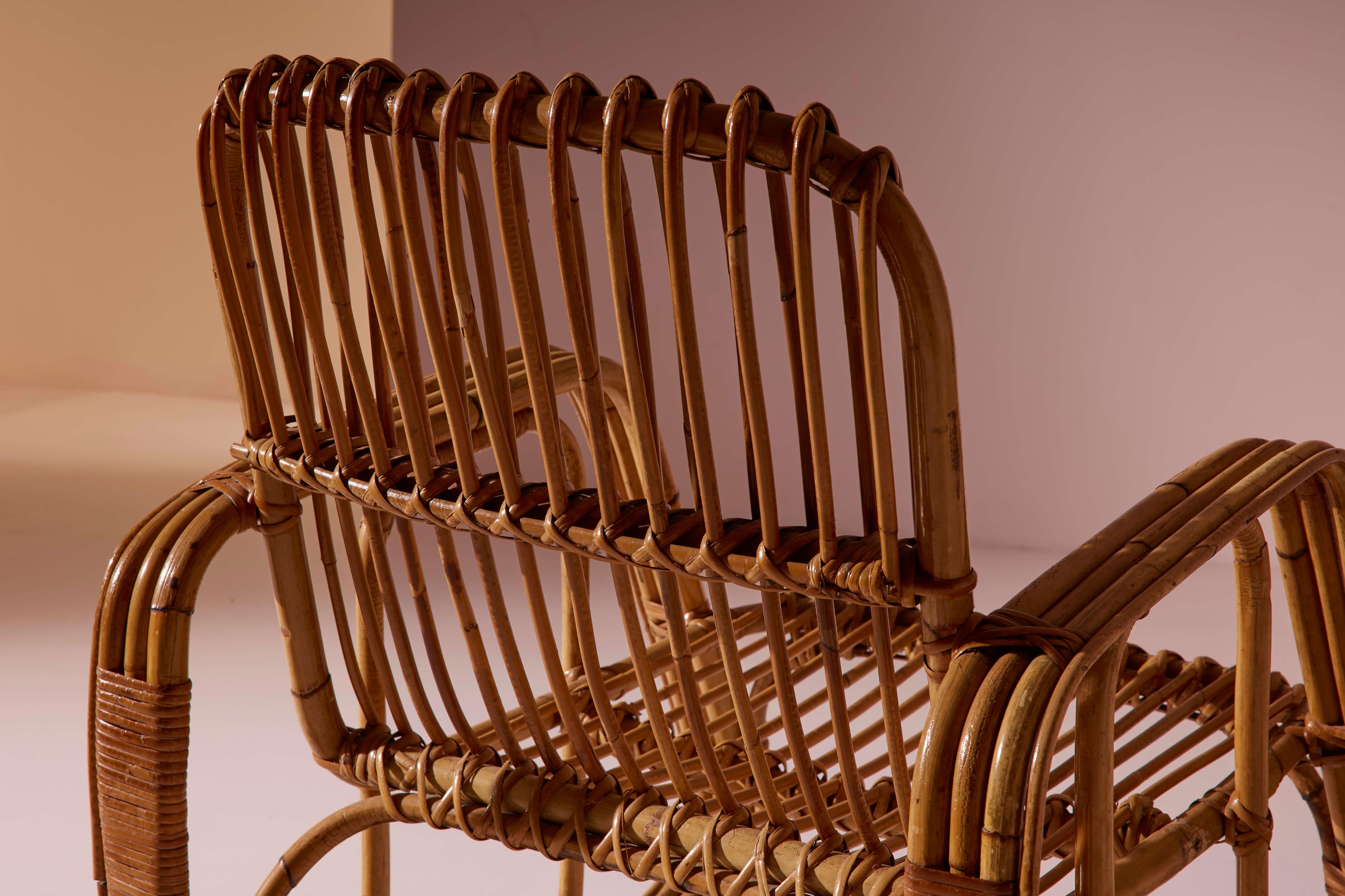 Ensemble de cinq fauteuils en osier cintré et bambou de Dal Vera, Italie, années 1960 en vente 11