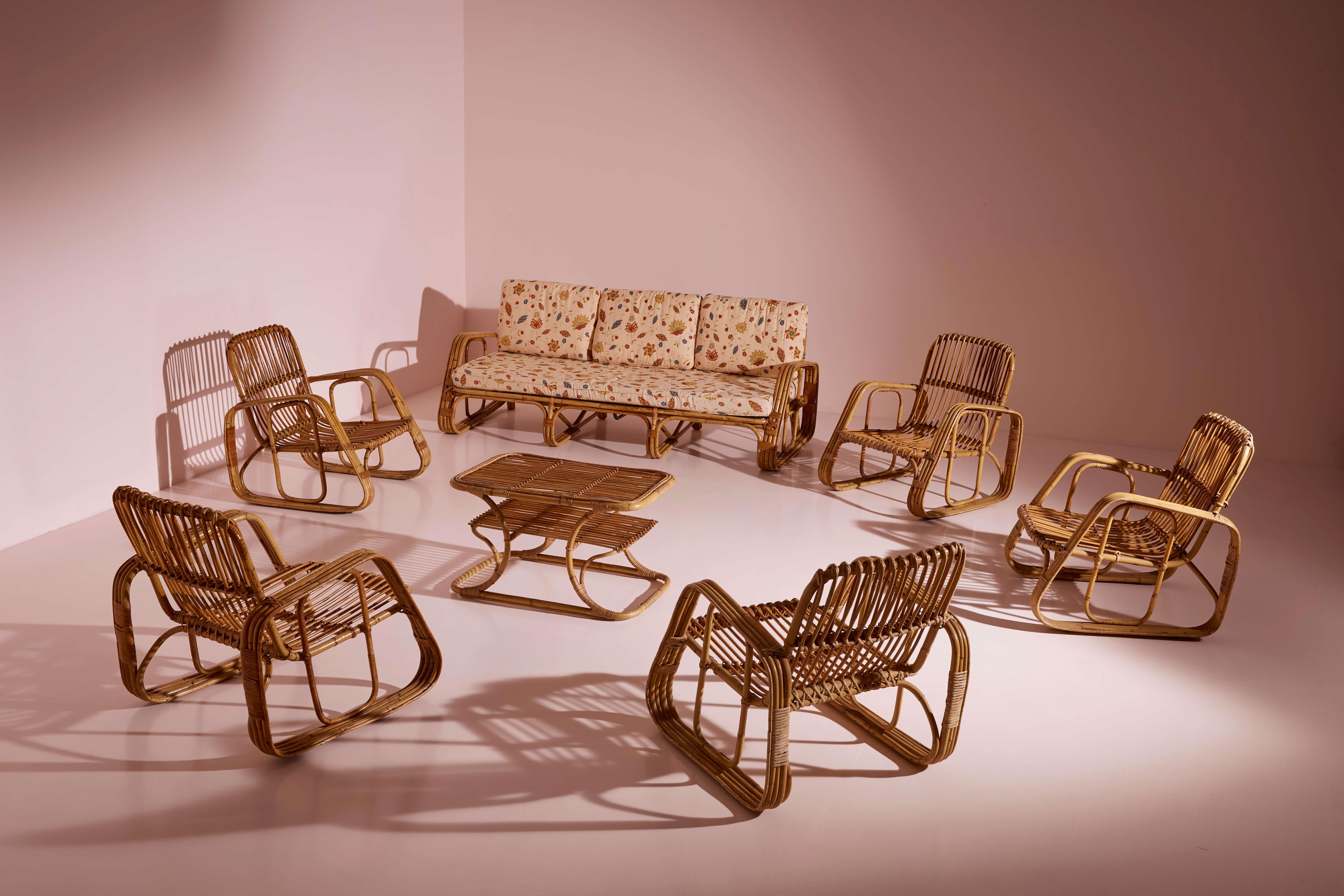 Ensemble de cinq fauteuils en osier cintré et bambou de Dal Vera, Italie, années 1960 en vente 12