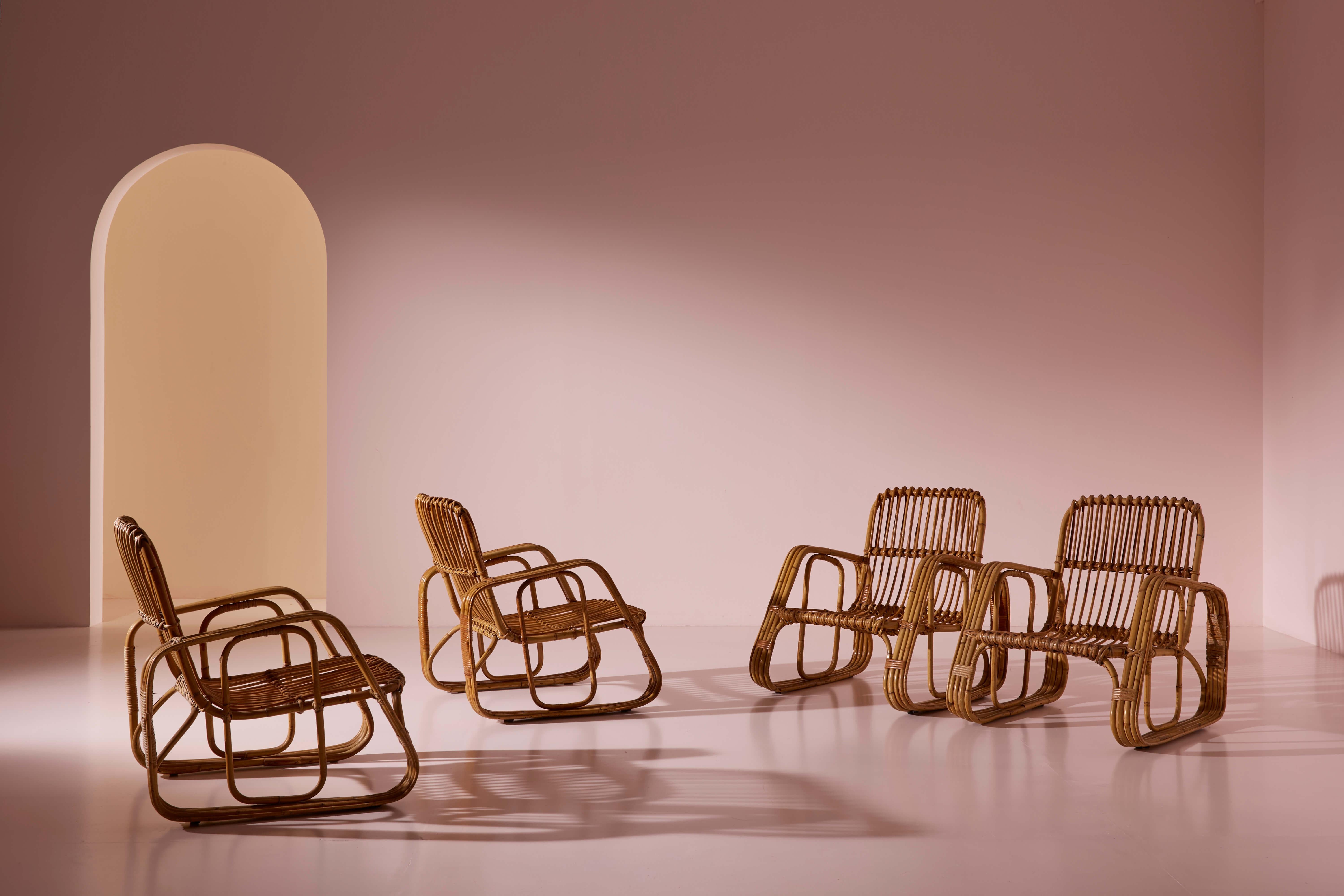 Mid-Century Modern Ensemble de cinq fauteuils en osier cintré et bambou de Dal Vera, Italie, années 1960 en vente