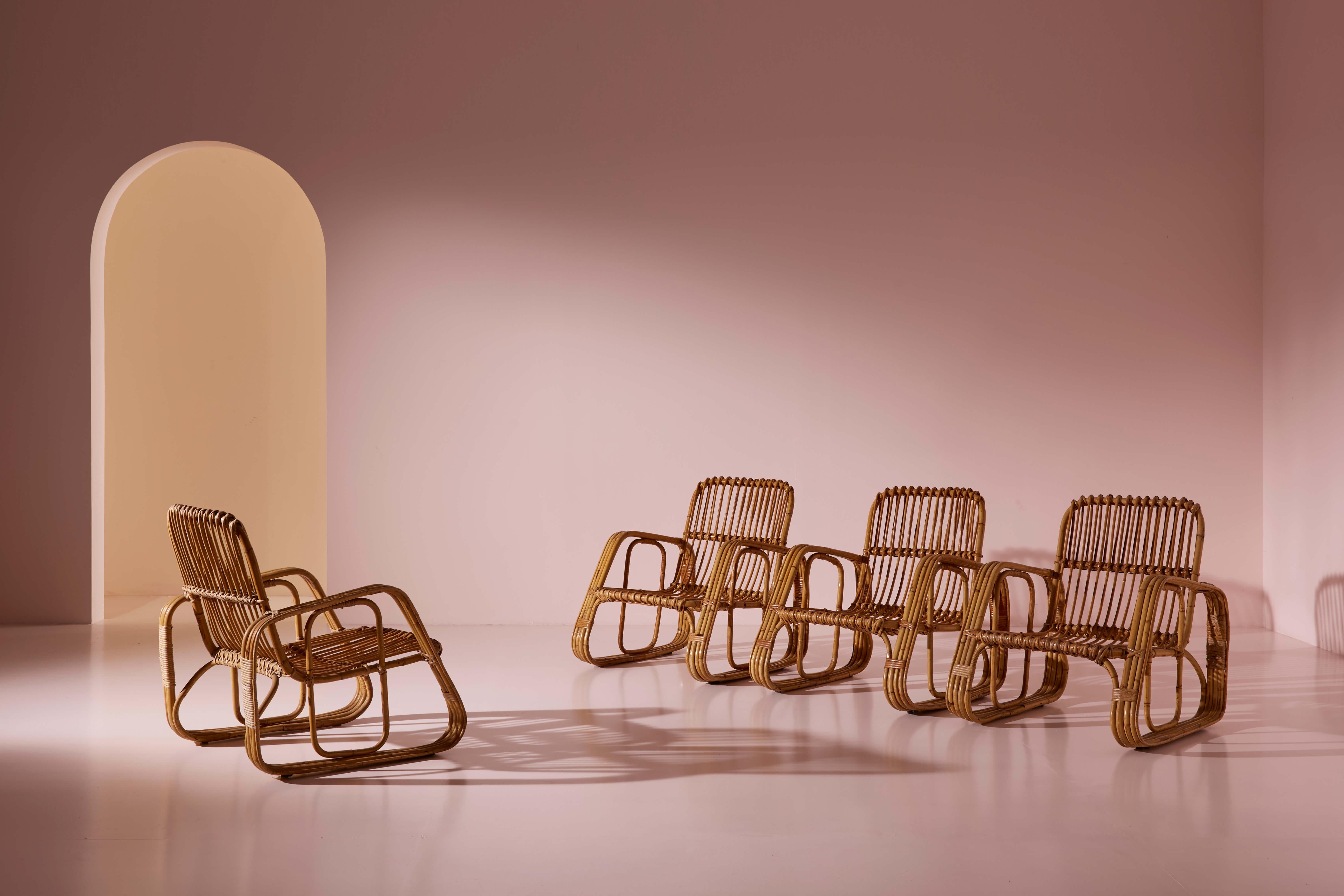italien Ensemble de cinq fauteuils en osier cintré et bambou de Dal Vera, Italie, années 1960 en vente