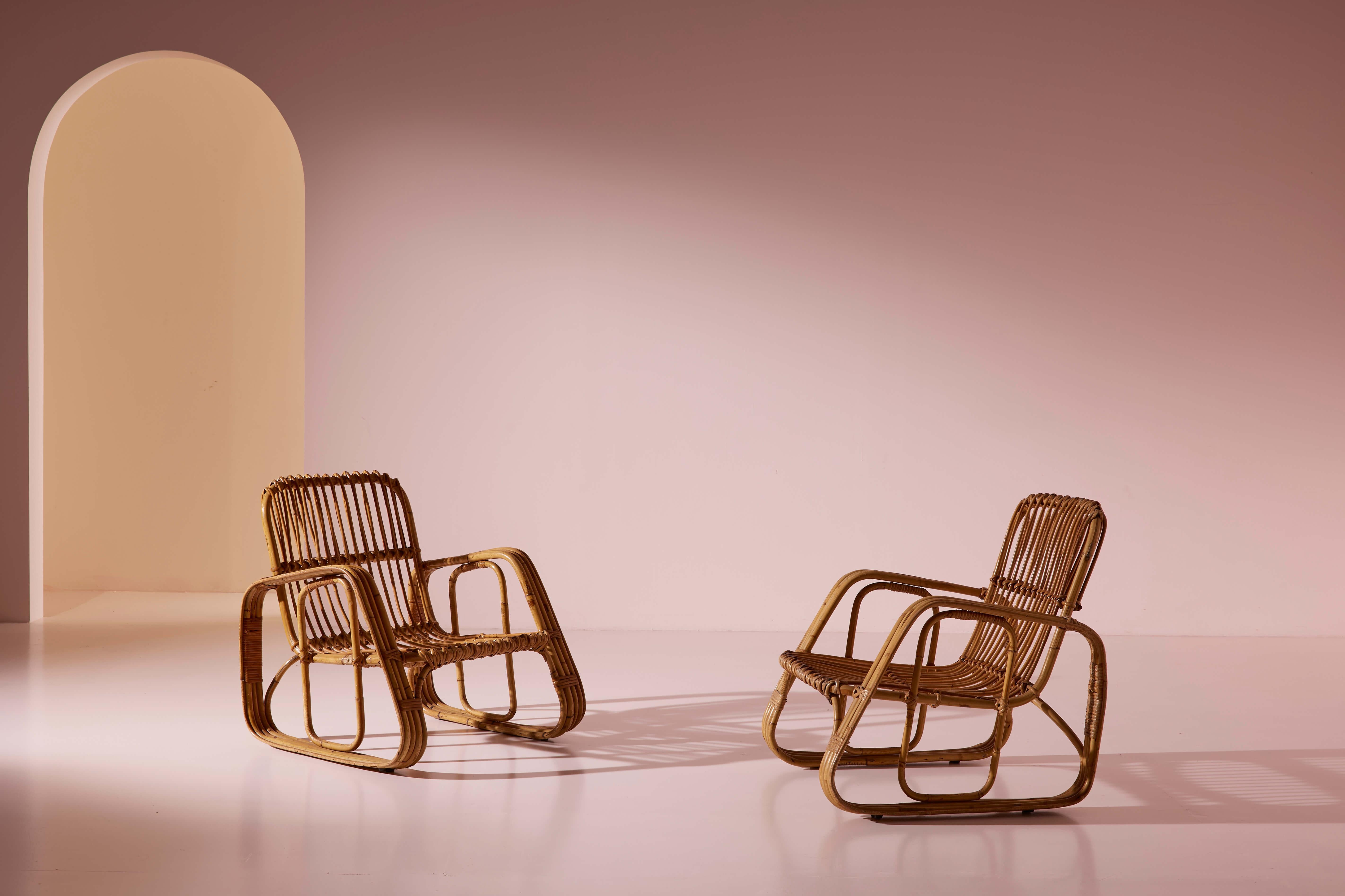 Ensemble de cinq fauteuils en osier cintré et bambou de Dal Vera, Italie, années 1960 Bon état - En vente à Chiavari, Liguria
