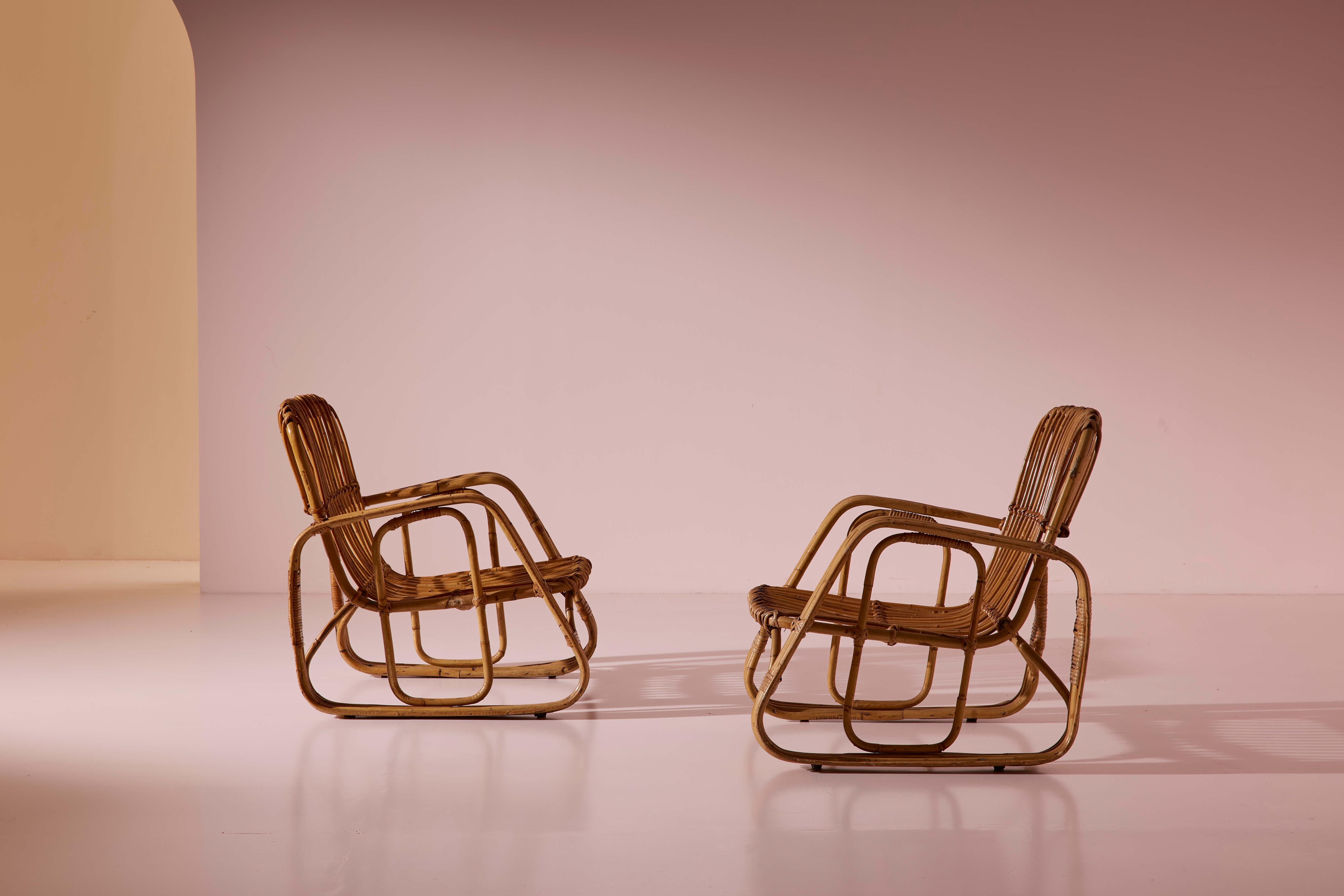 Milieu du XXe siècle Ensemble de cinq fauteuils en osier cintré et bambou de Dal Vera, Italie, années 1960 en vente