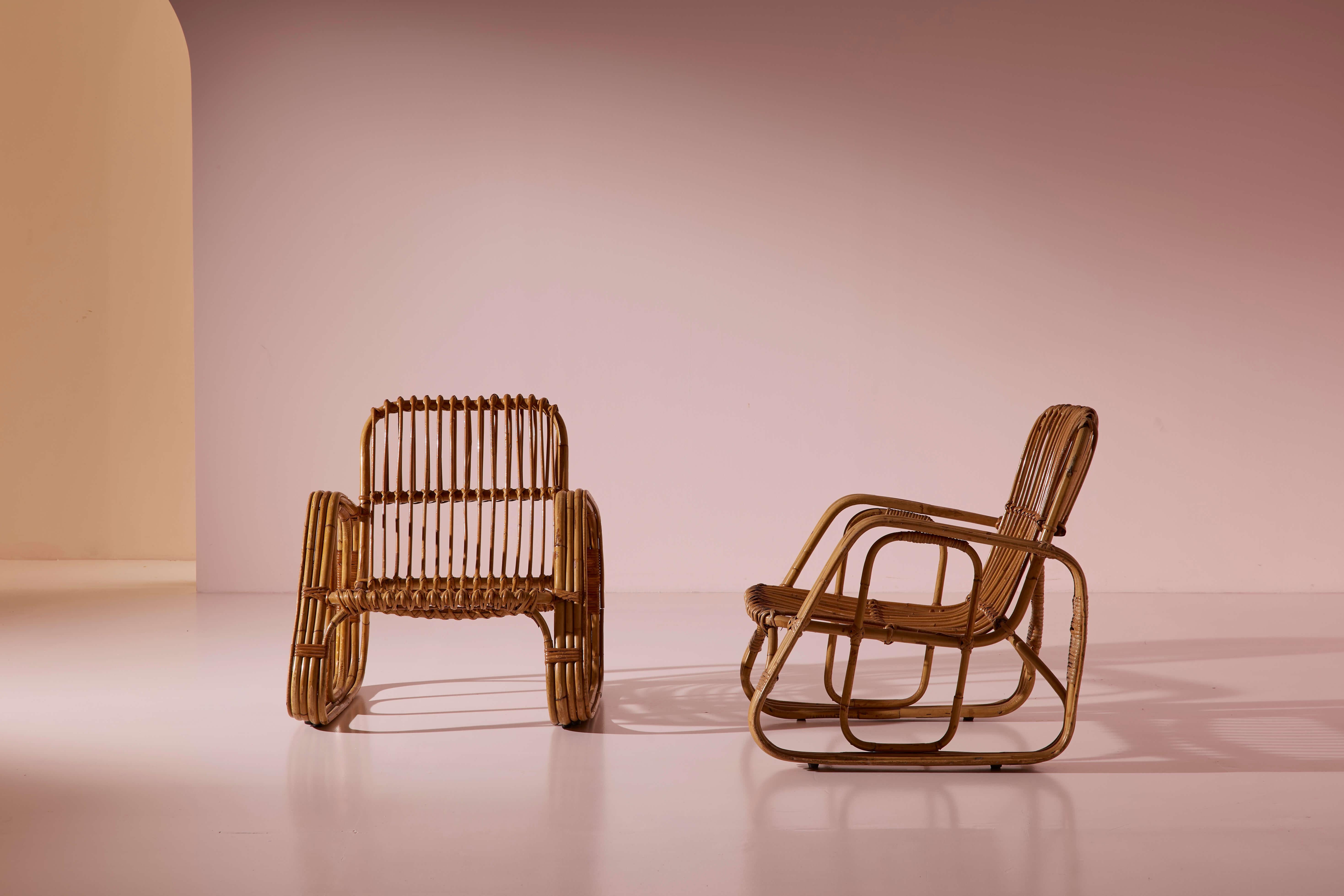 Bambou Ensemble de cinq fauteuils en osier cintré et bambou de Dal Vera, Italie, années 1960 en vente