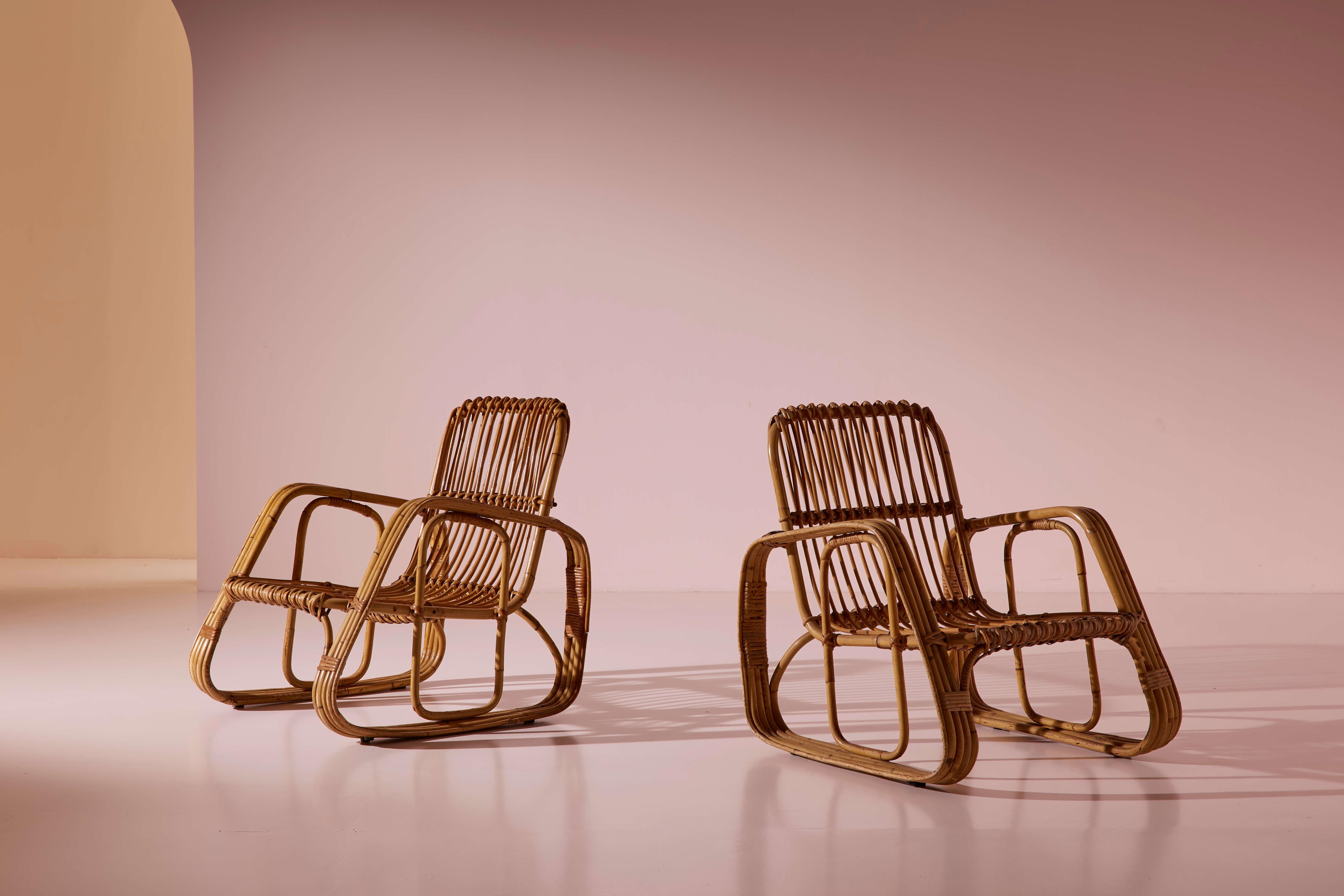 Ensemble de cinq fauteuils en osier cintré et bambou de Dal Vera, Italie, années 1960 en vente 1