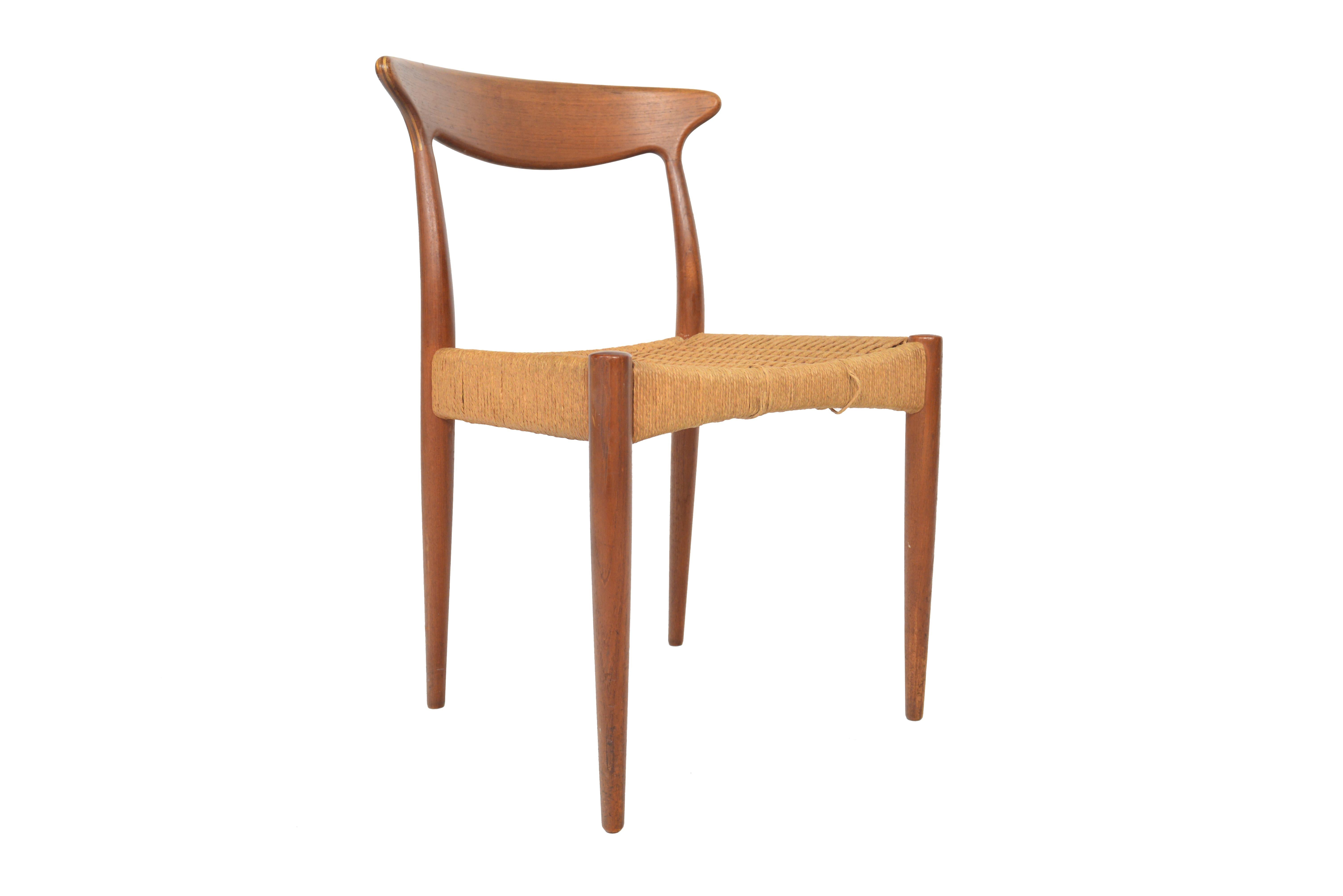 Set of Five Arne Hovmand Olsen MK 310 Dining Chairs in Teak & Paper Cord In Distressed Condition In Berkeley, CA