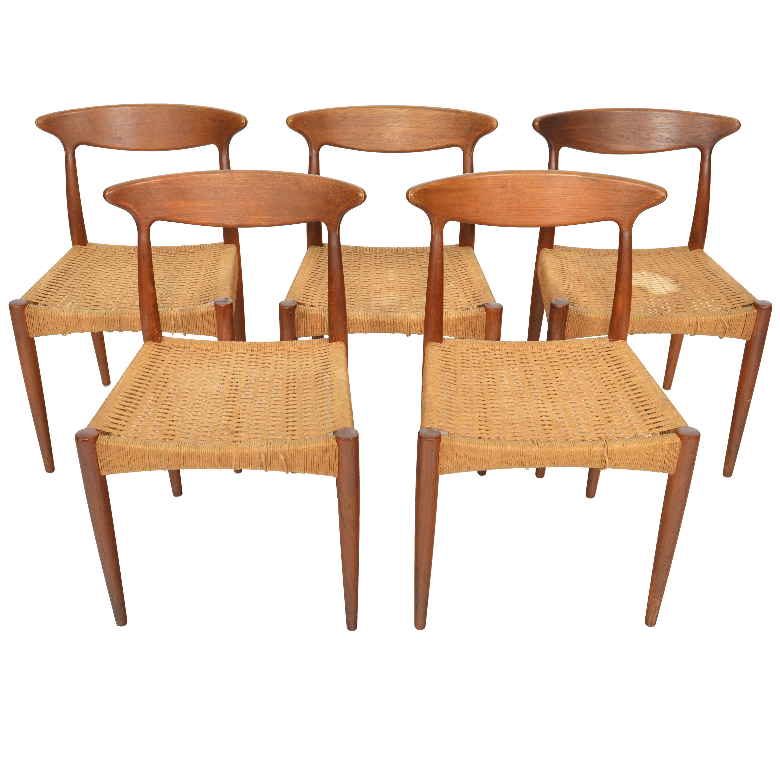 Set of Five Arne Hovmand Olsen MK 310 Dining Chairs in Teak & Paper Cord