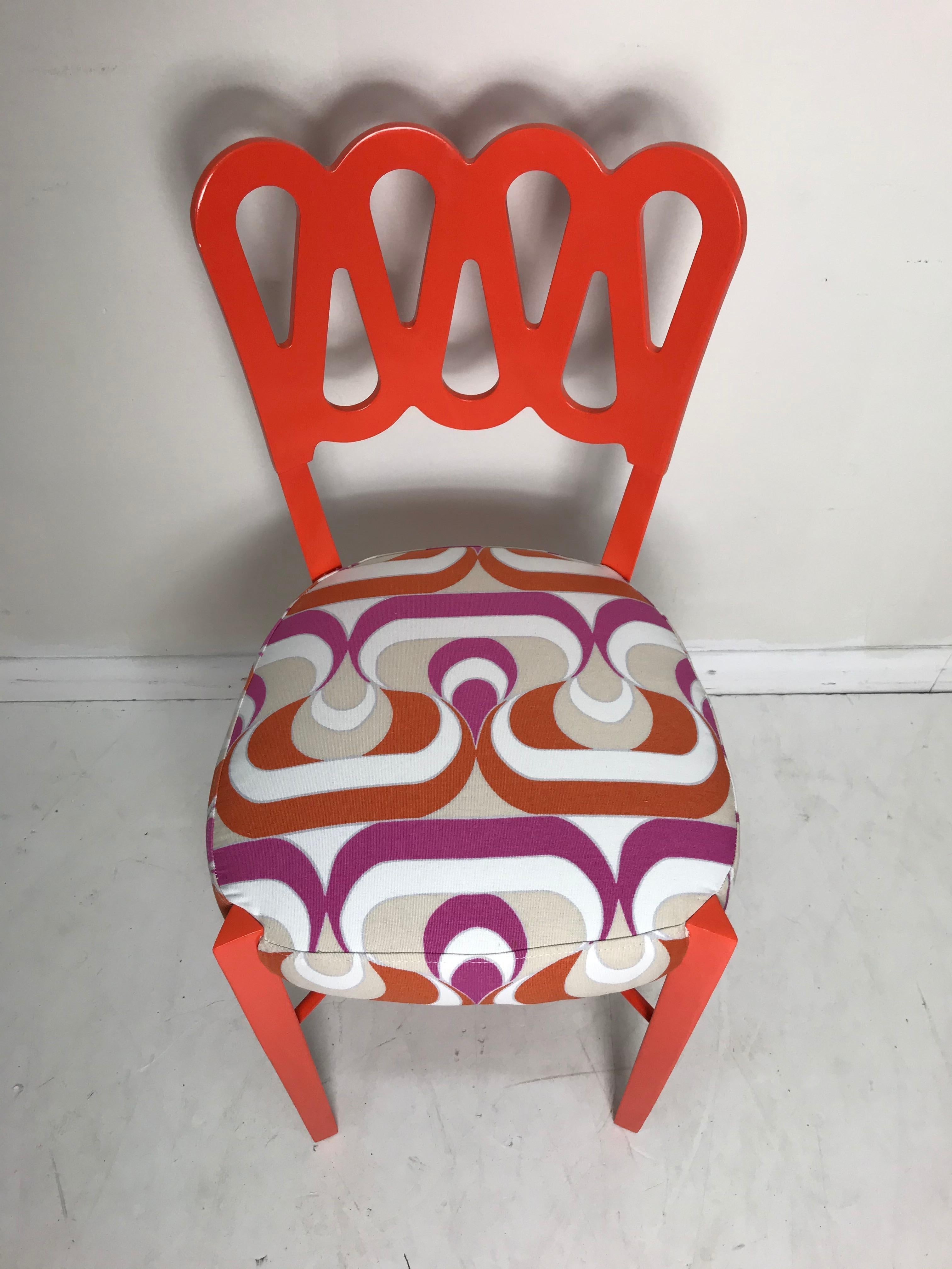 Set of five Art Deco ribbon back chairs lacquered in bright orange-newly upholstered in Robert Allen by Duralee.