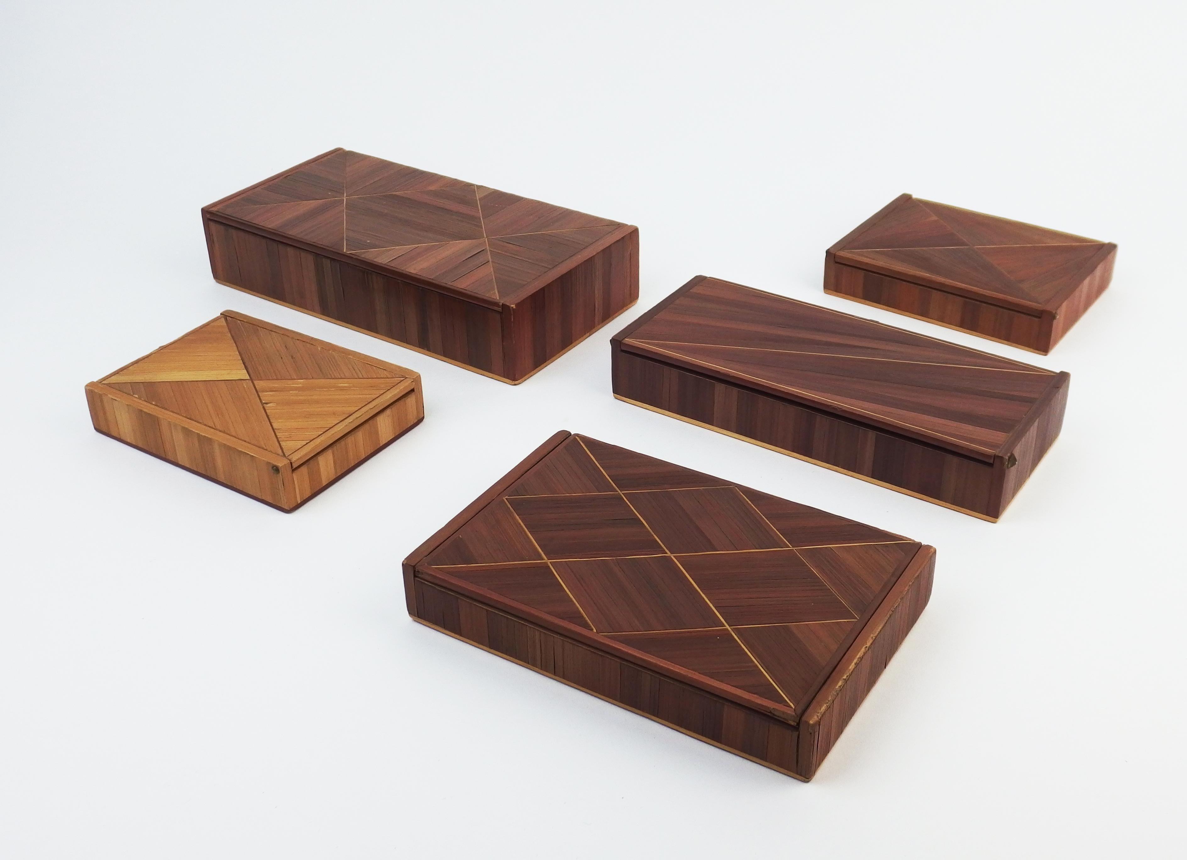 French Set of Five Art Deco Straw Marquetry Boxes For Sale