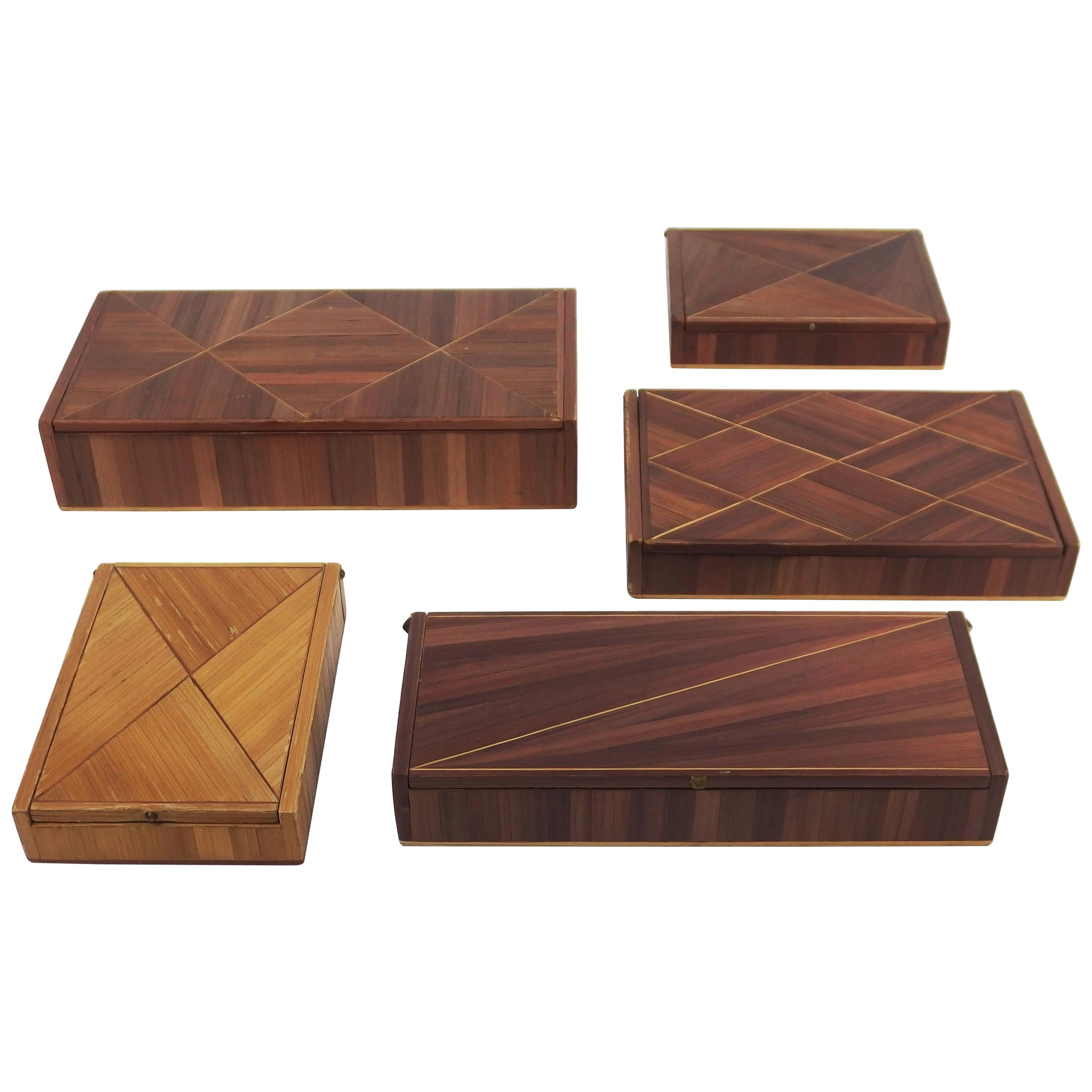 Set of Five Art Deco Straw Marquetry Boxes For Sale