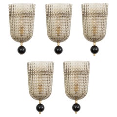 Set of Five Art Deco Style Murano Glass Demi Lune Wall Sconces, in Stock