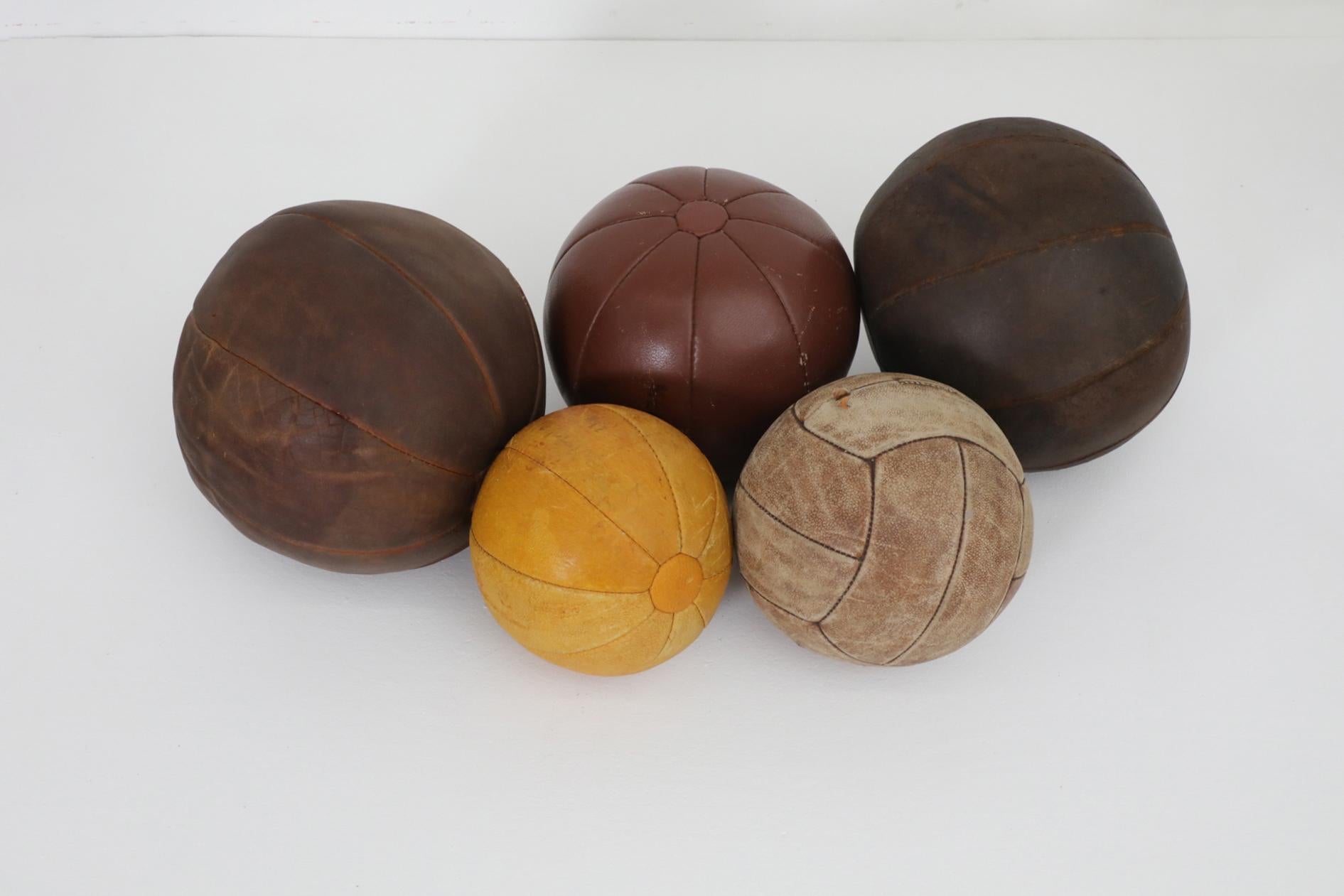Other Set of Five Assorted Vintage Leather Gymnastics Medicine Balls For Sale