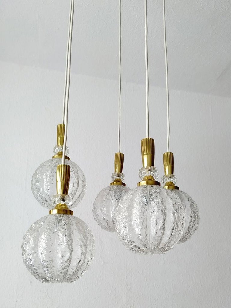 Set of Five Austrian Vintage Glass Globes Ceiling Hanging Lights, 1960s In Good Condition For Sale In Berlin, DE