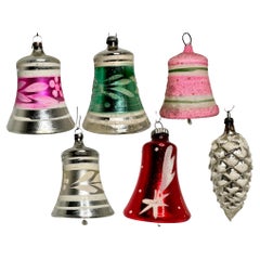 Set of Five Bell & a Pinecone Christmas Ornaments Used, German, 1930s
