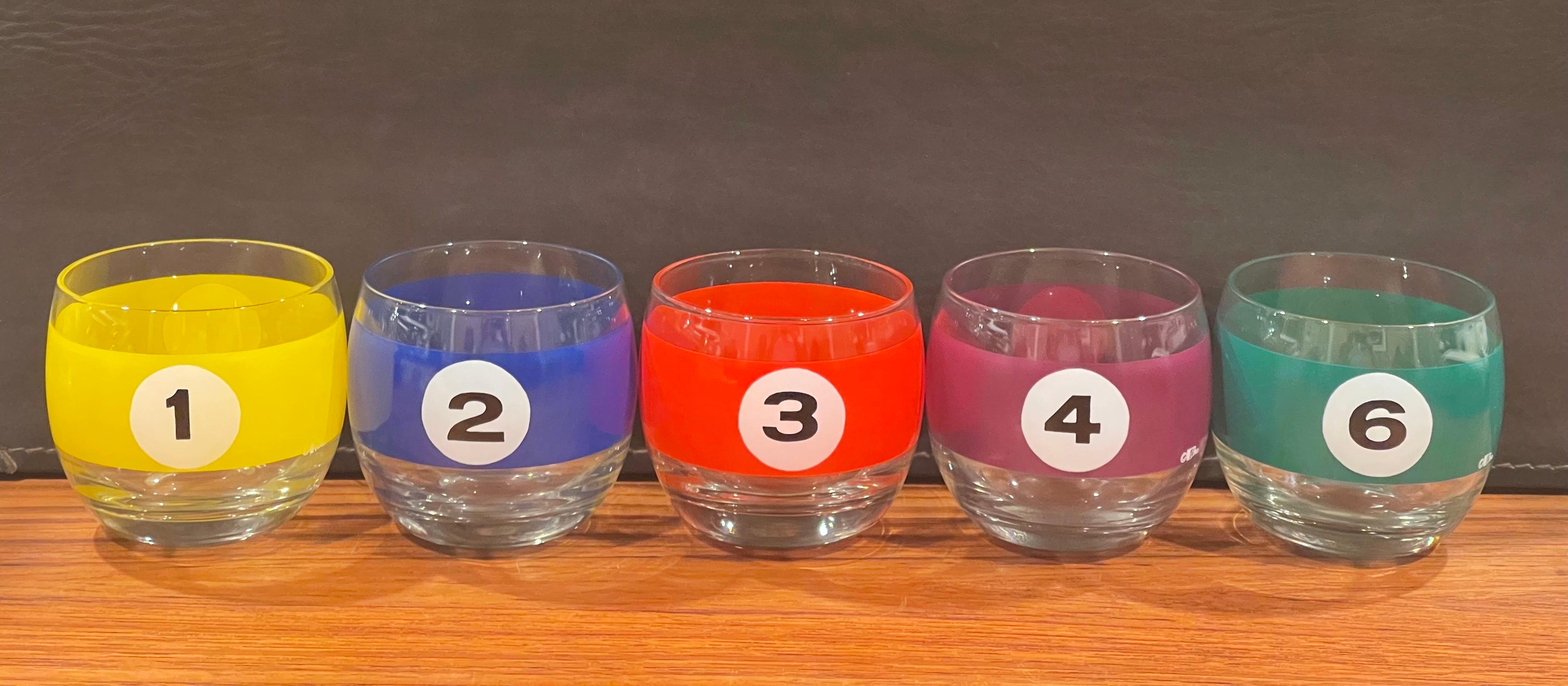 Great set of five billiard / pool balls roll poly cocktail glasses by Cera, circa 1970s. Each glass resembles a billiard ball with a number and colorful stripe. These glasses are very difficult to find in a set.; they are in very good condition with