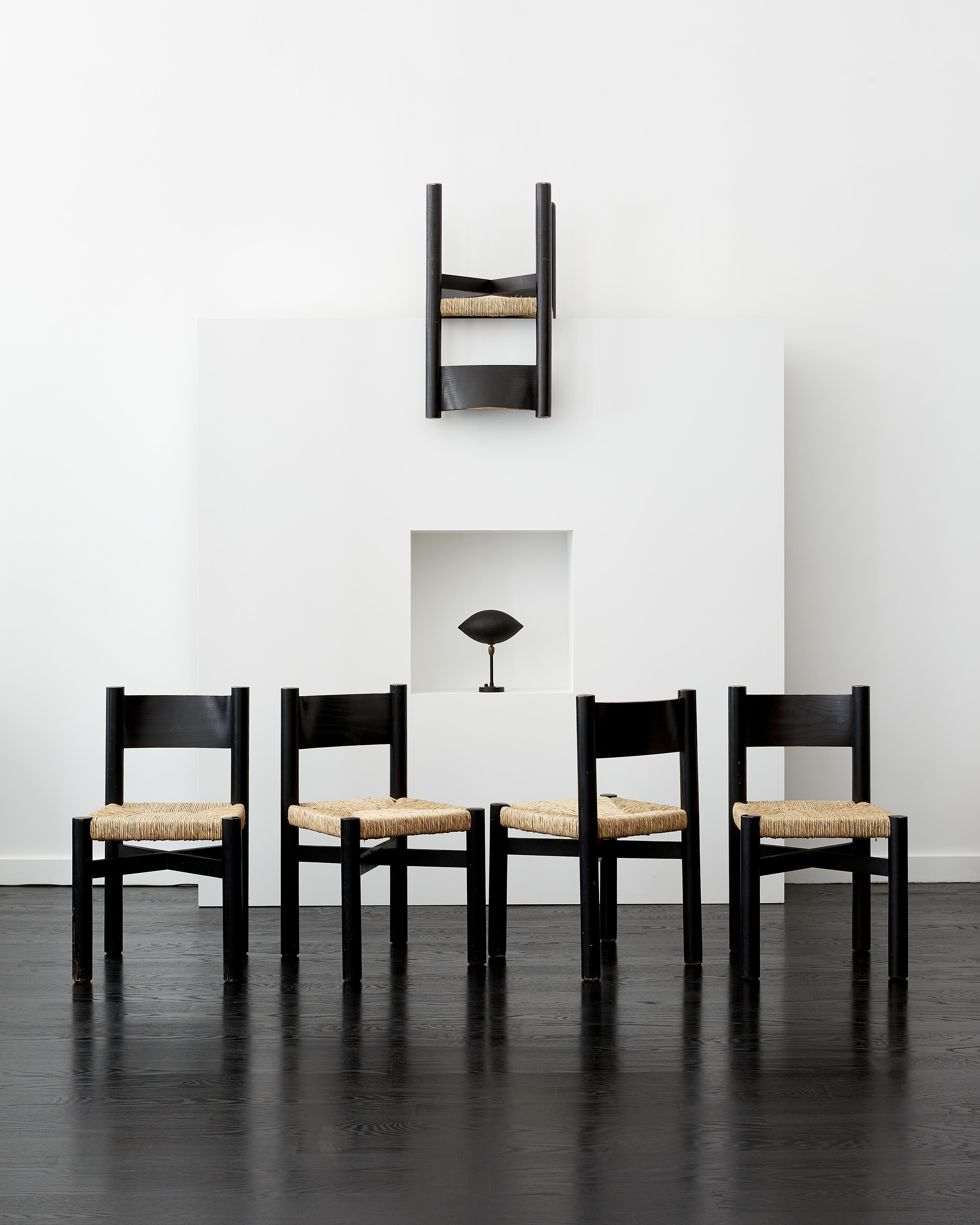French Set of Six Black Charlotte Perriand Meribel Chairs, Original Black c. 1960s For Sale