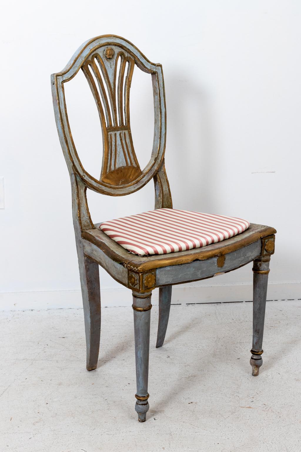 European Set of Five Blue and Gold Painted Shield Back Side Chairs