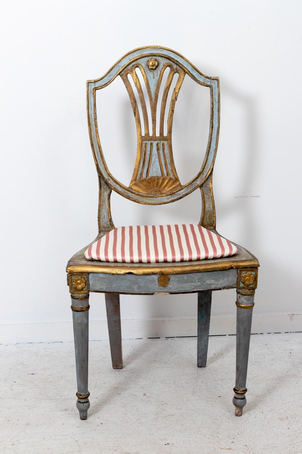 18th Century and Earlier Set of Five Blue and Gold Painted Shield Back Side Chairs