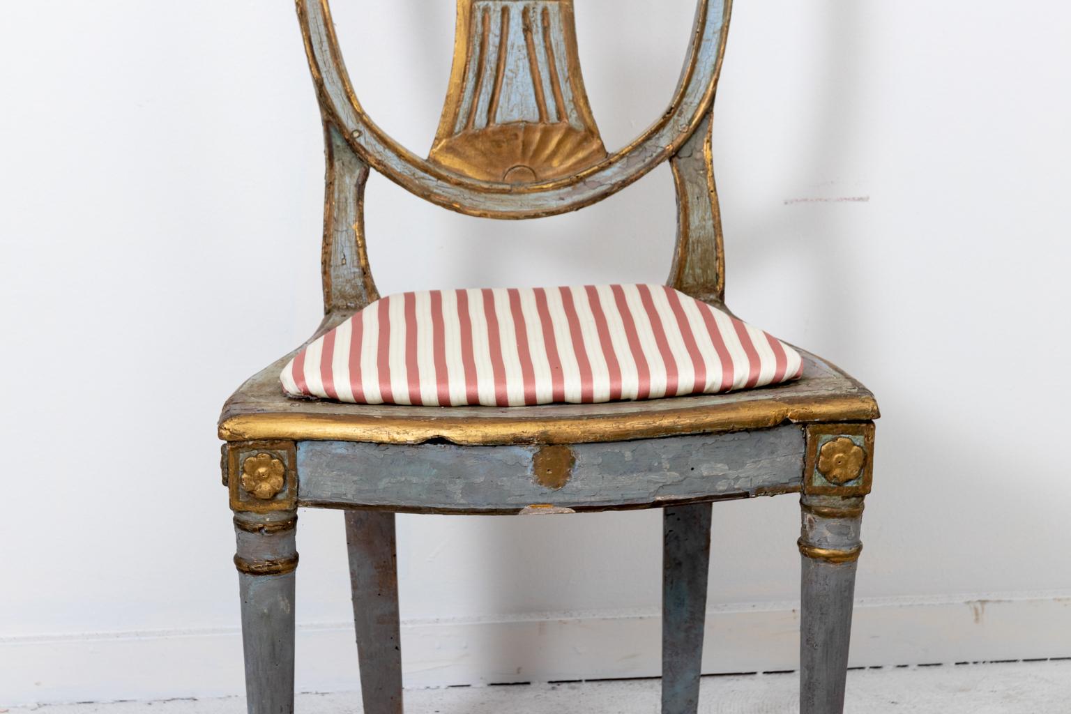 Upholstery Set of Five Blue and Gold Painted Shield Back Side Chairs