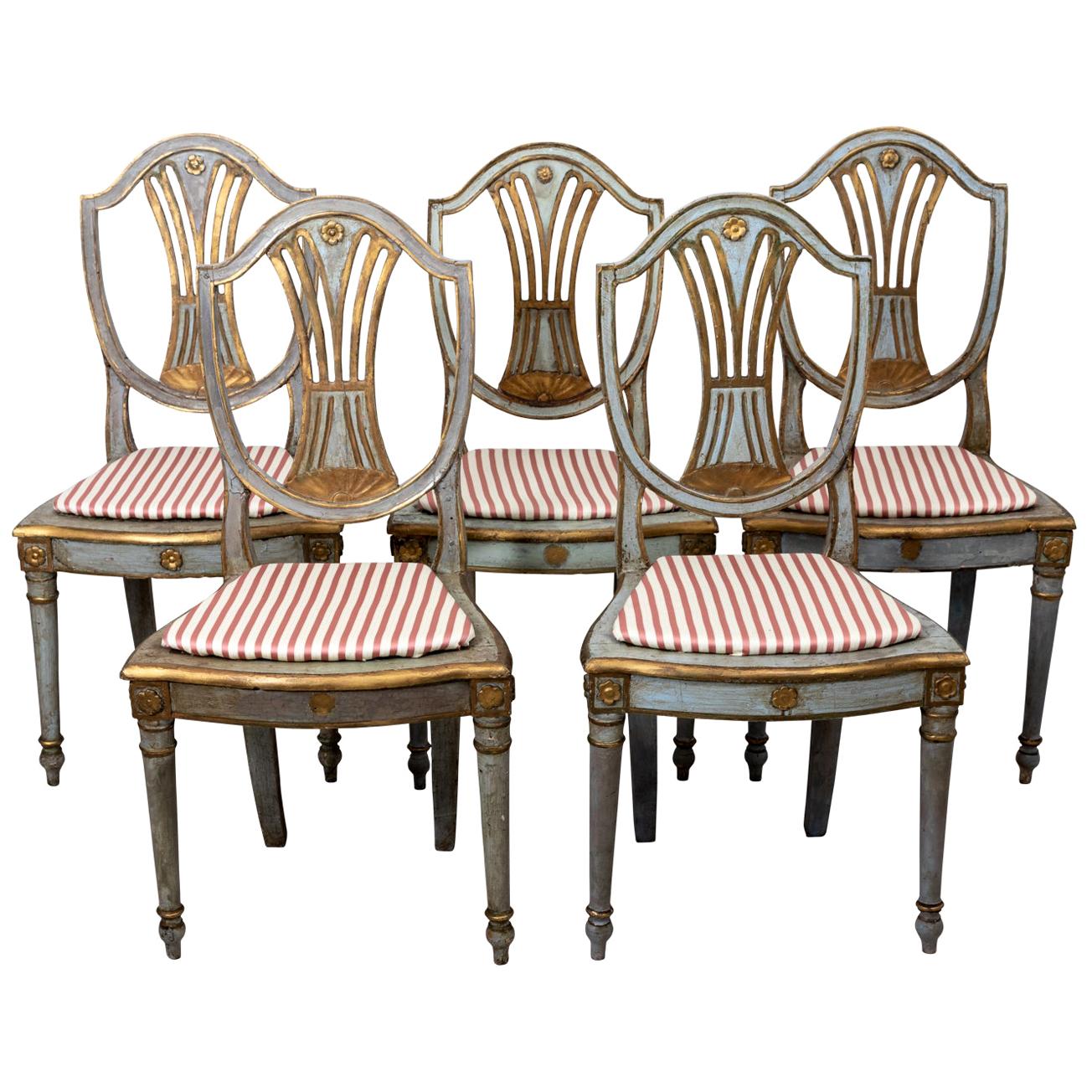 Set of Five Blue and Gold Painted Shield Back Side Chairs
