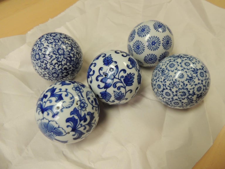 Set of Five Blue and White Decorative Ceramic Balls at 1stDibs blue