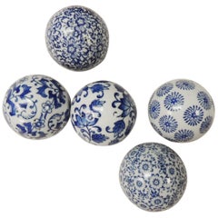 Set of Five Blue and White Decorative Ceramic Balls