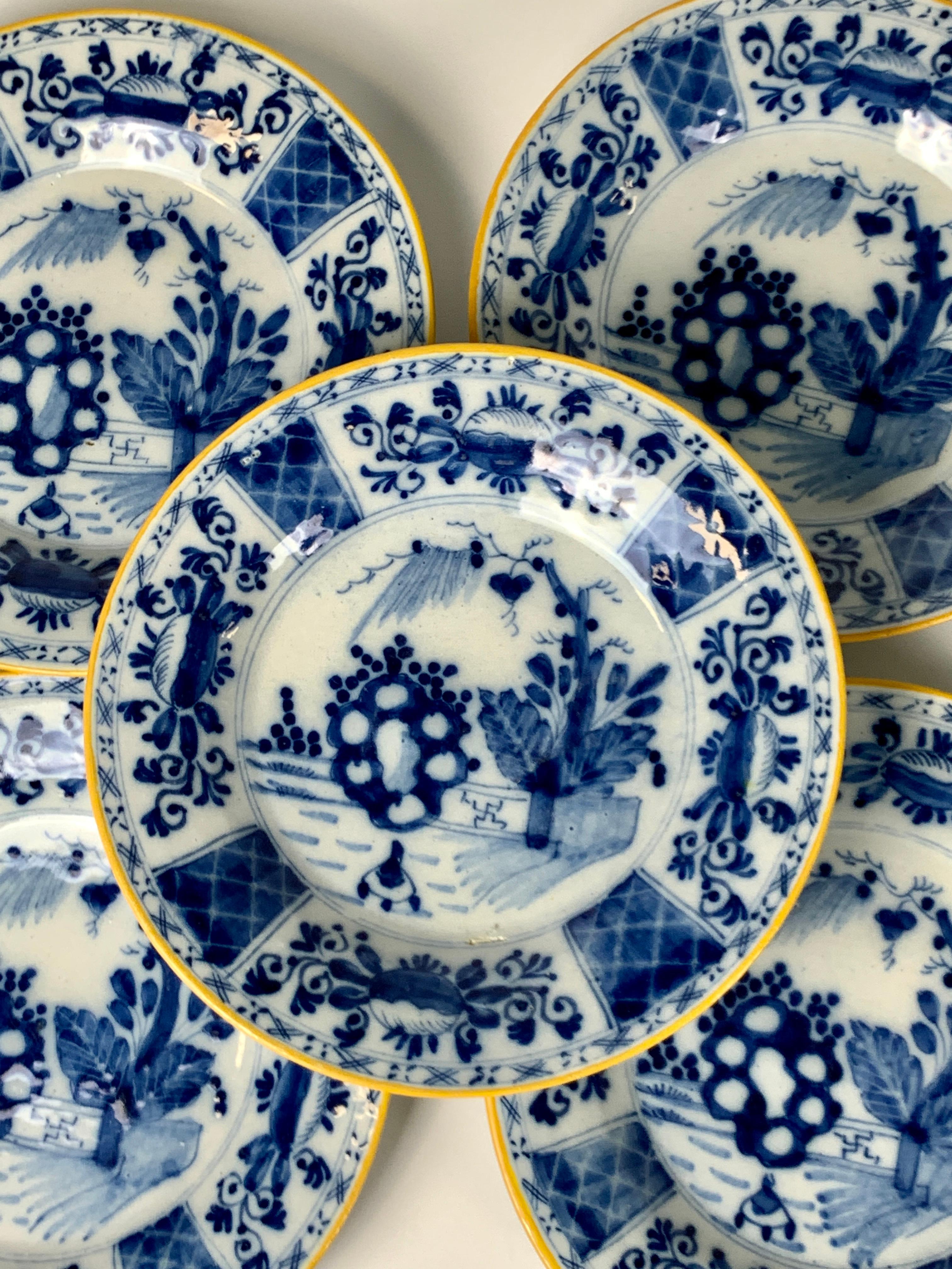 Chinoiserie Set of Five Blue and White Delft Dishes Hand-Painted 18th Century Circa 1780