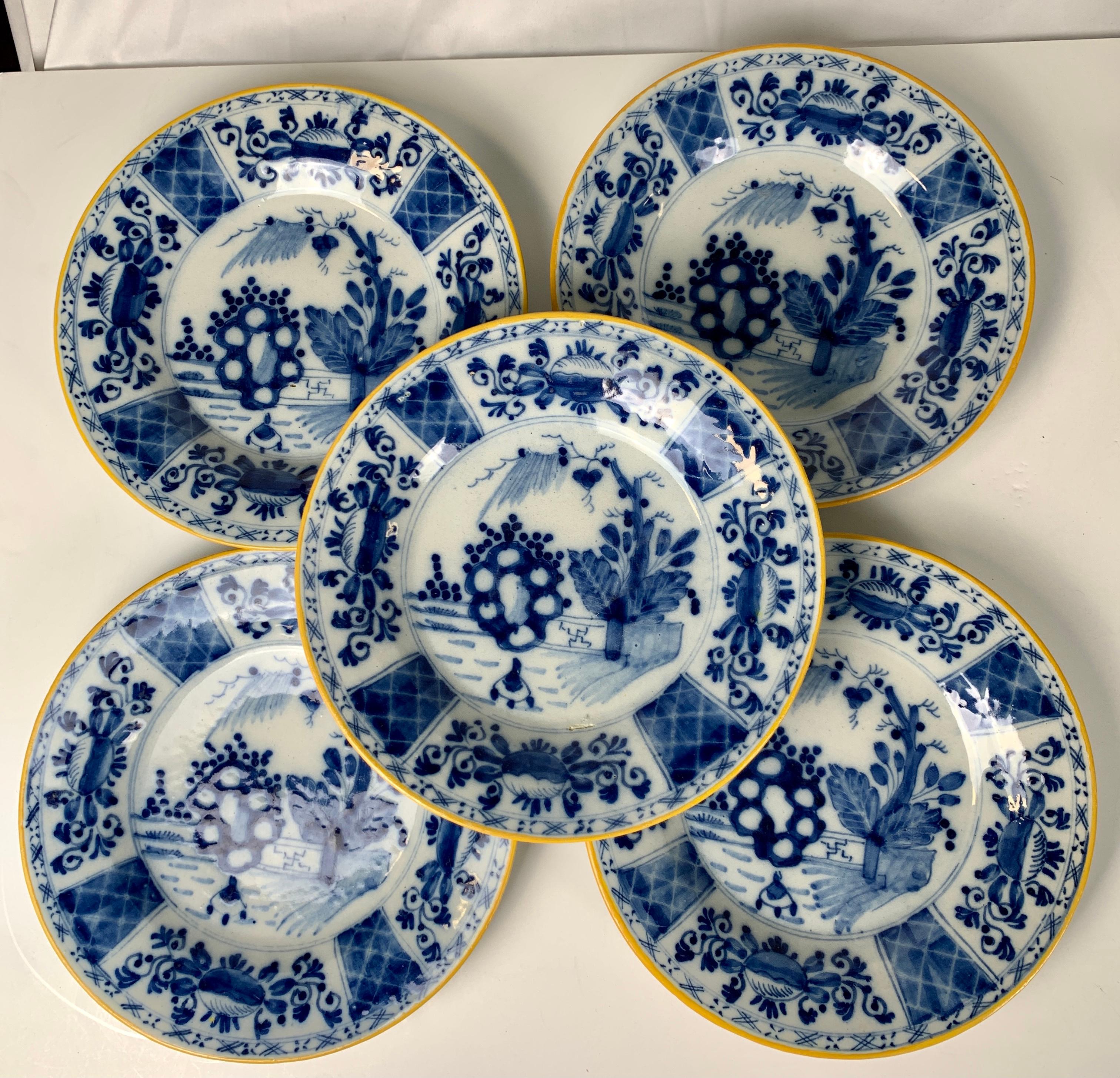 Set of Five Blue and White Delft Dishes Hand-Painted 18th Century Circa 1780 2