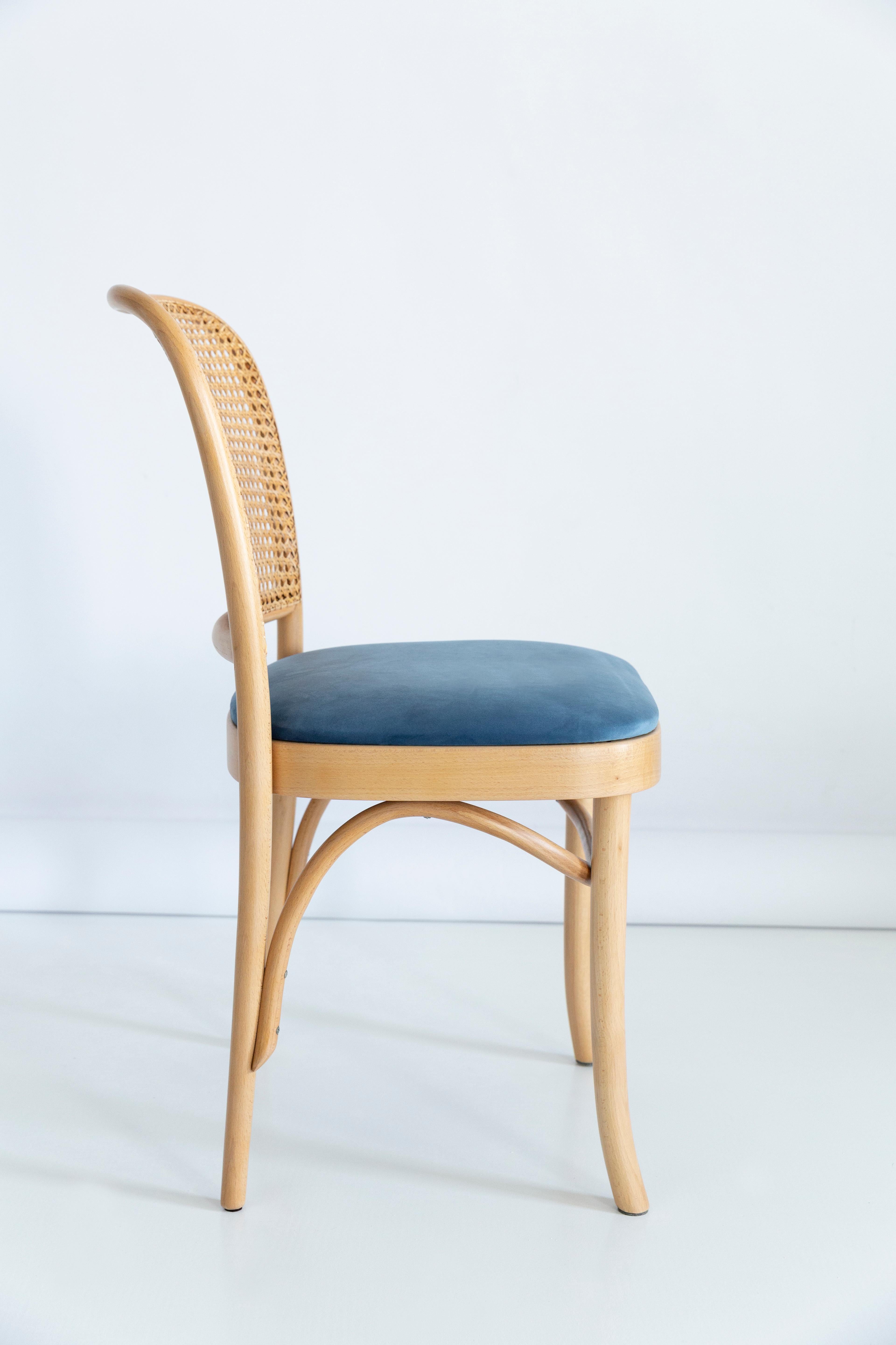 Ensemble de cinq chaises en rotin et velours bleu Thonet Wood, années 1960 en vente 5