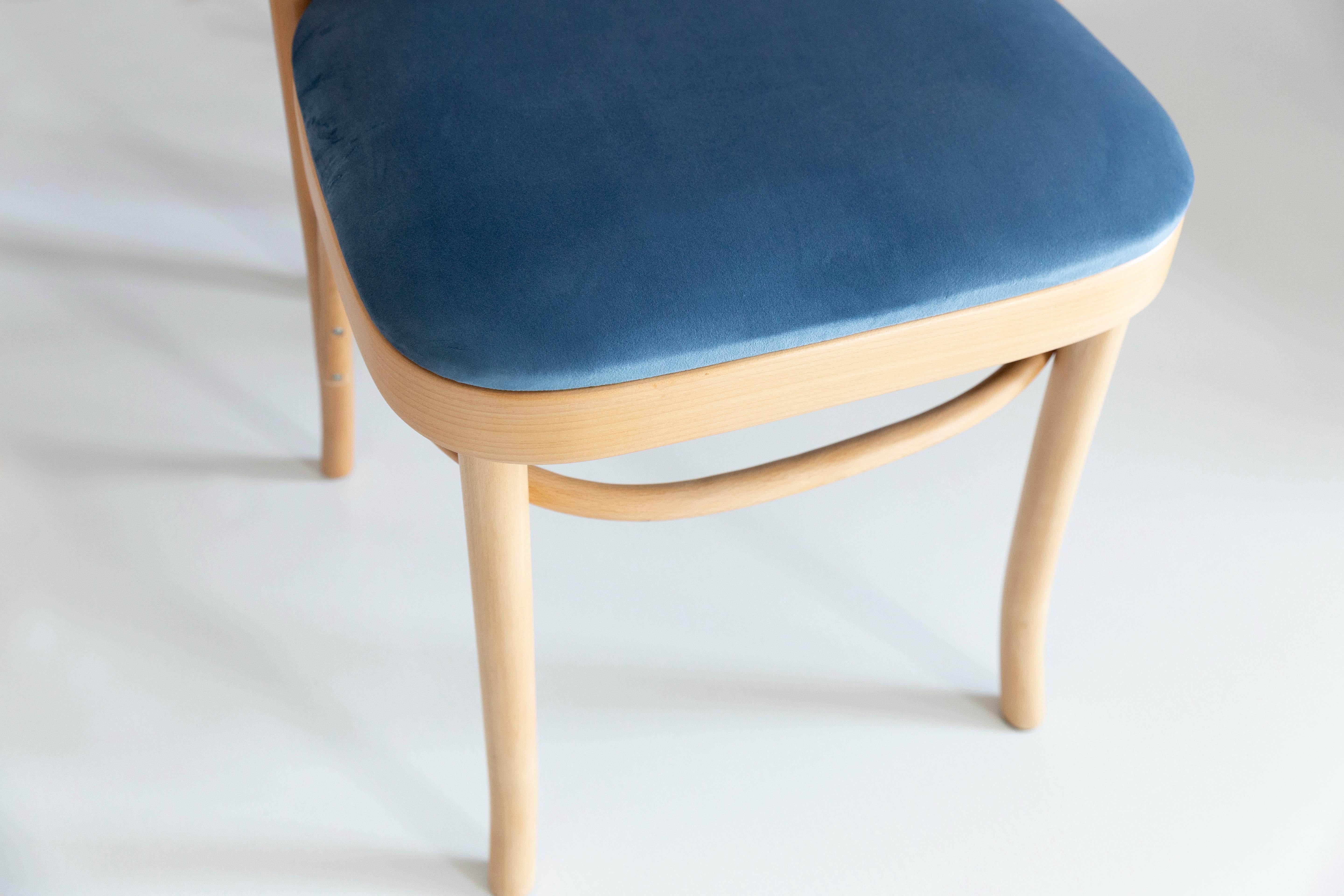 Mid-Century Modern Set of Five Blue Velvet Thonet Wood Rattan Chairs, 1960s For Sale