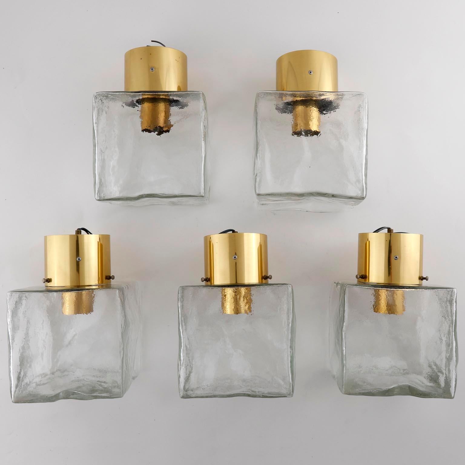 Late 20th Century Set of Five Brass Ice Glass Cube Flush Mount Lights by Kalmar, 1970s For Sale