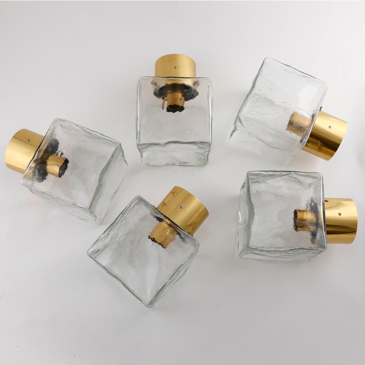 Set of Five Brass Ice Glass Cube Flush Mount Lights by Kalmar, 1970s For Sale 1