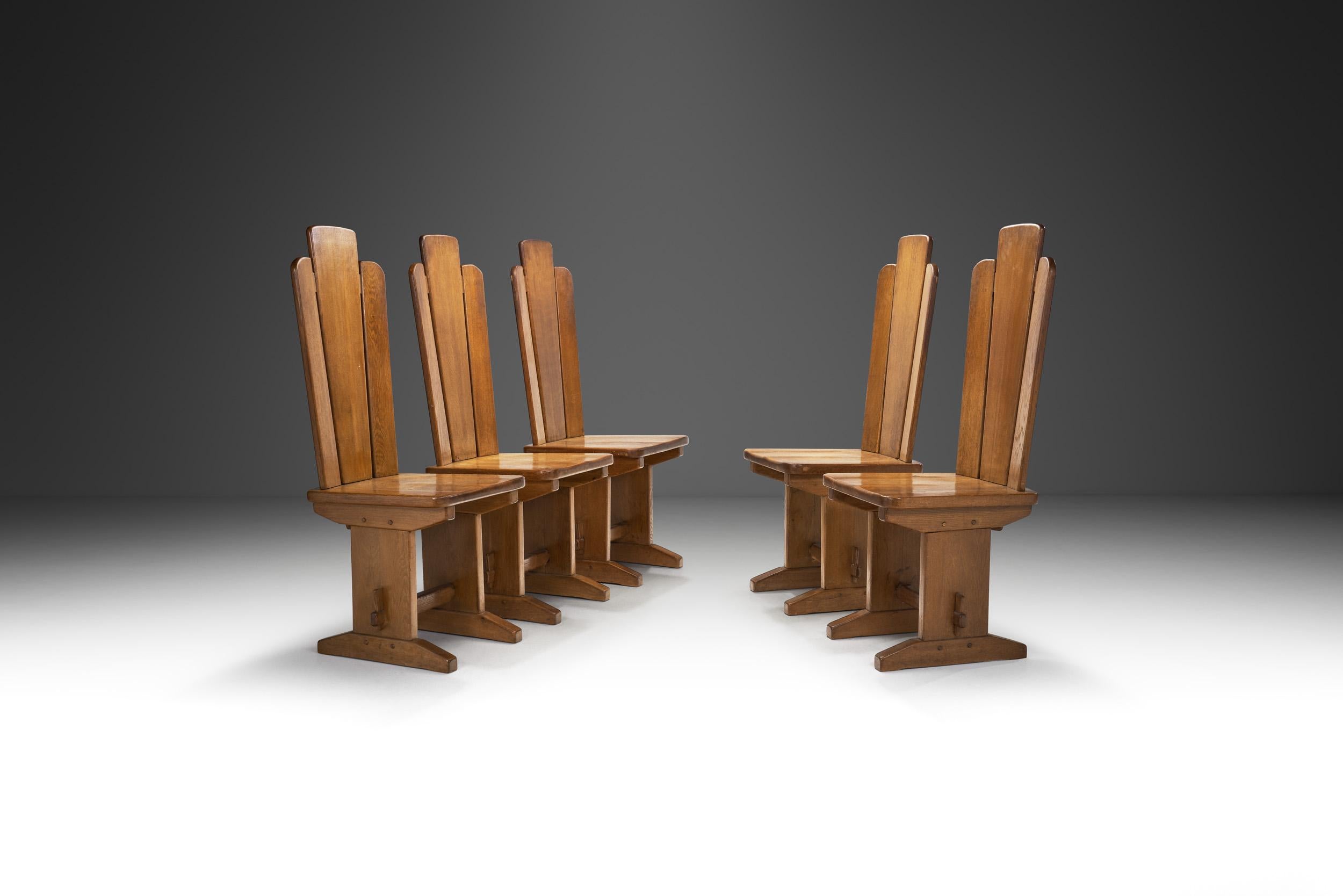 European Set of Five Brutalist Solid Oak Dining Chairs, Europe 1970s For Sale