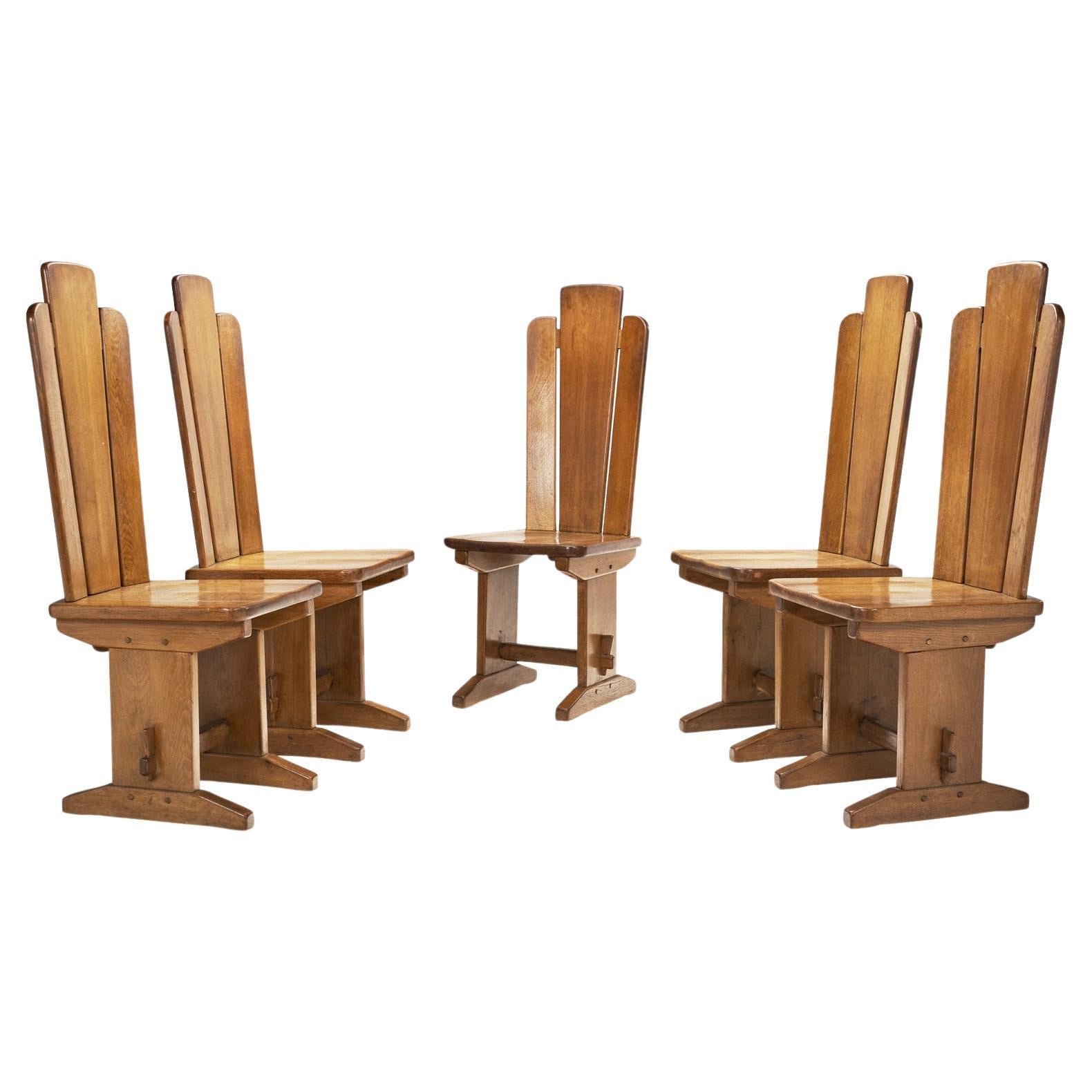 Set of Five Brutalist Solid Oak Dining Chairs, Europe 1970s For Sale