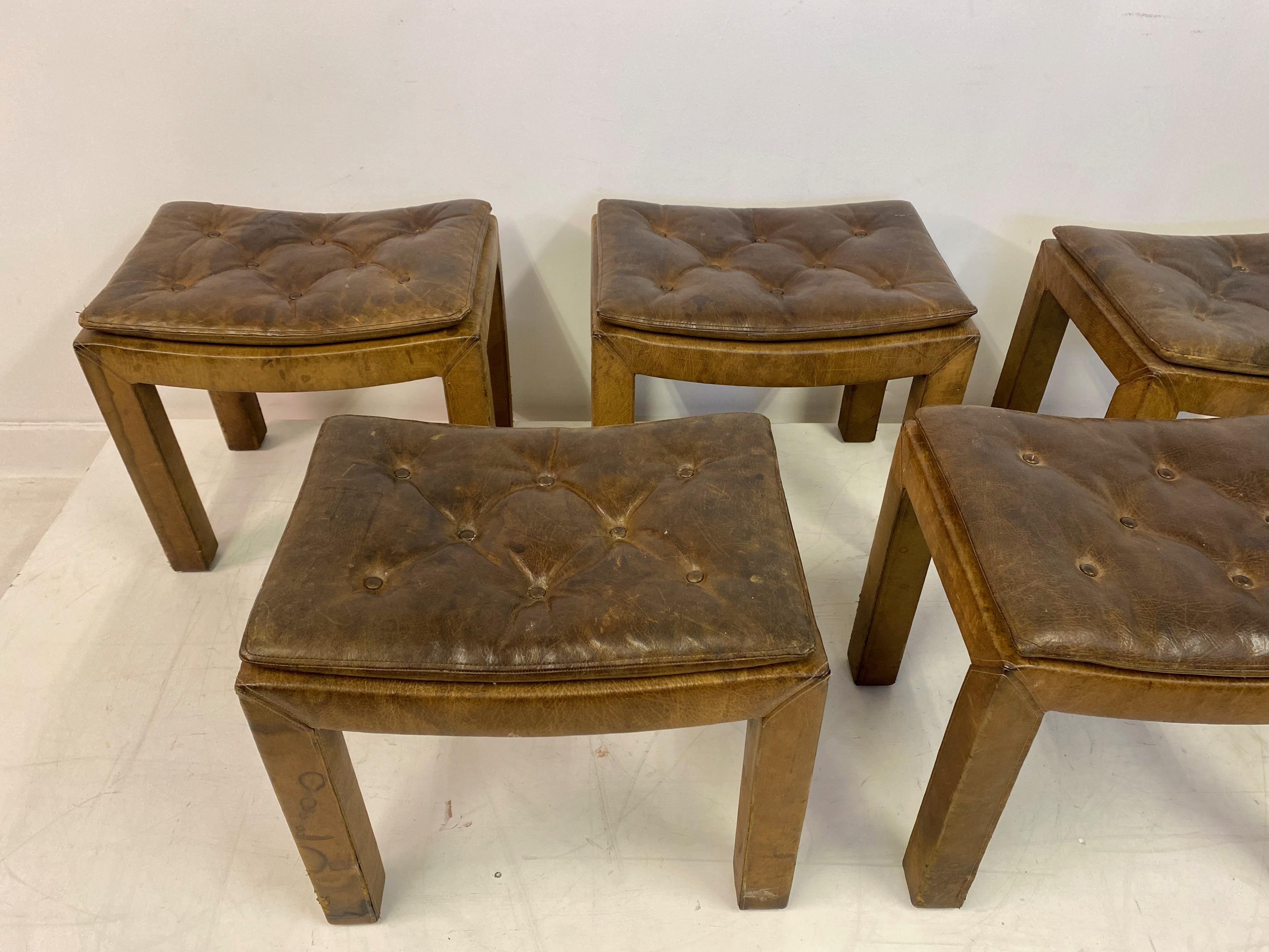 Mid-Century Modern Set of Five Buttoned Leather Stools For Sale