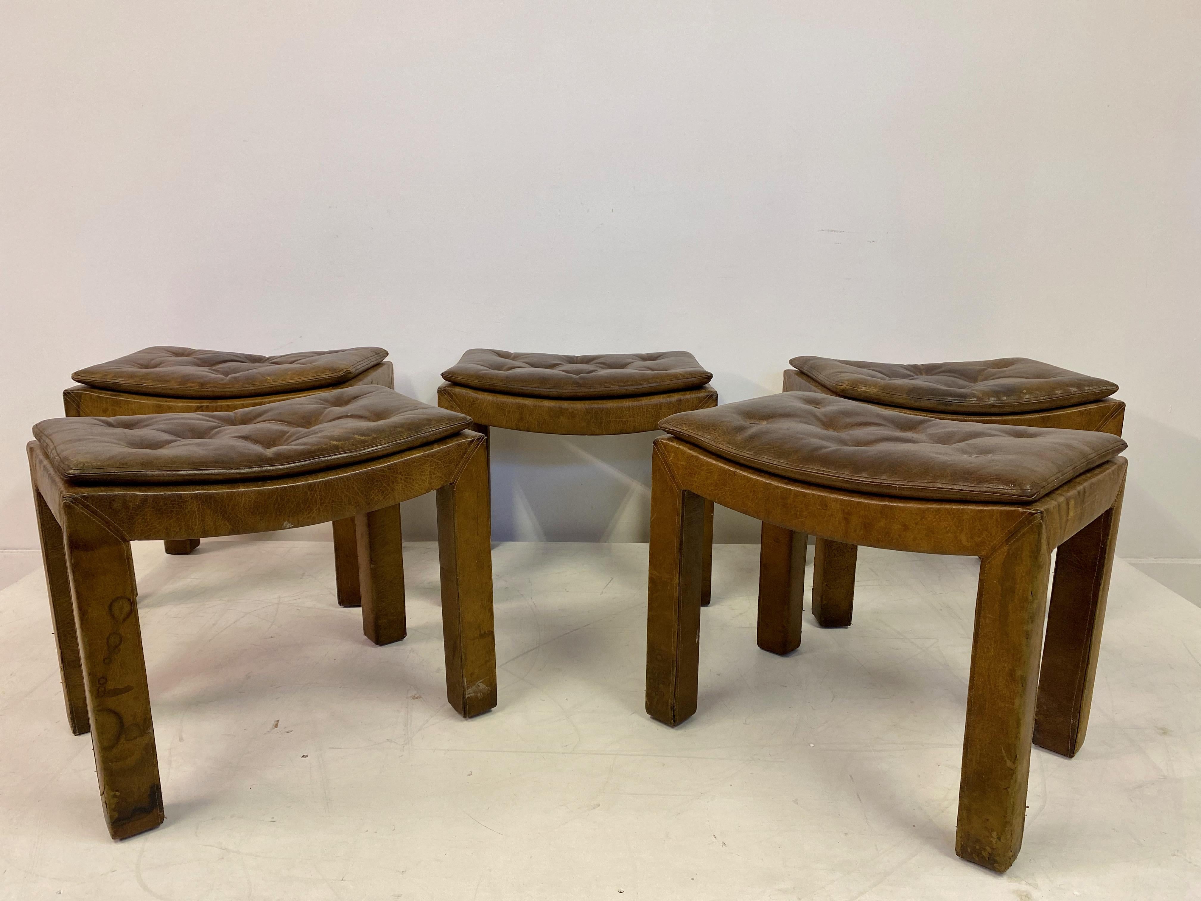 Set of Five Buttoned Leather Stools For Sale 1